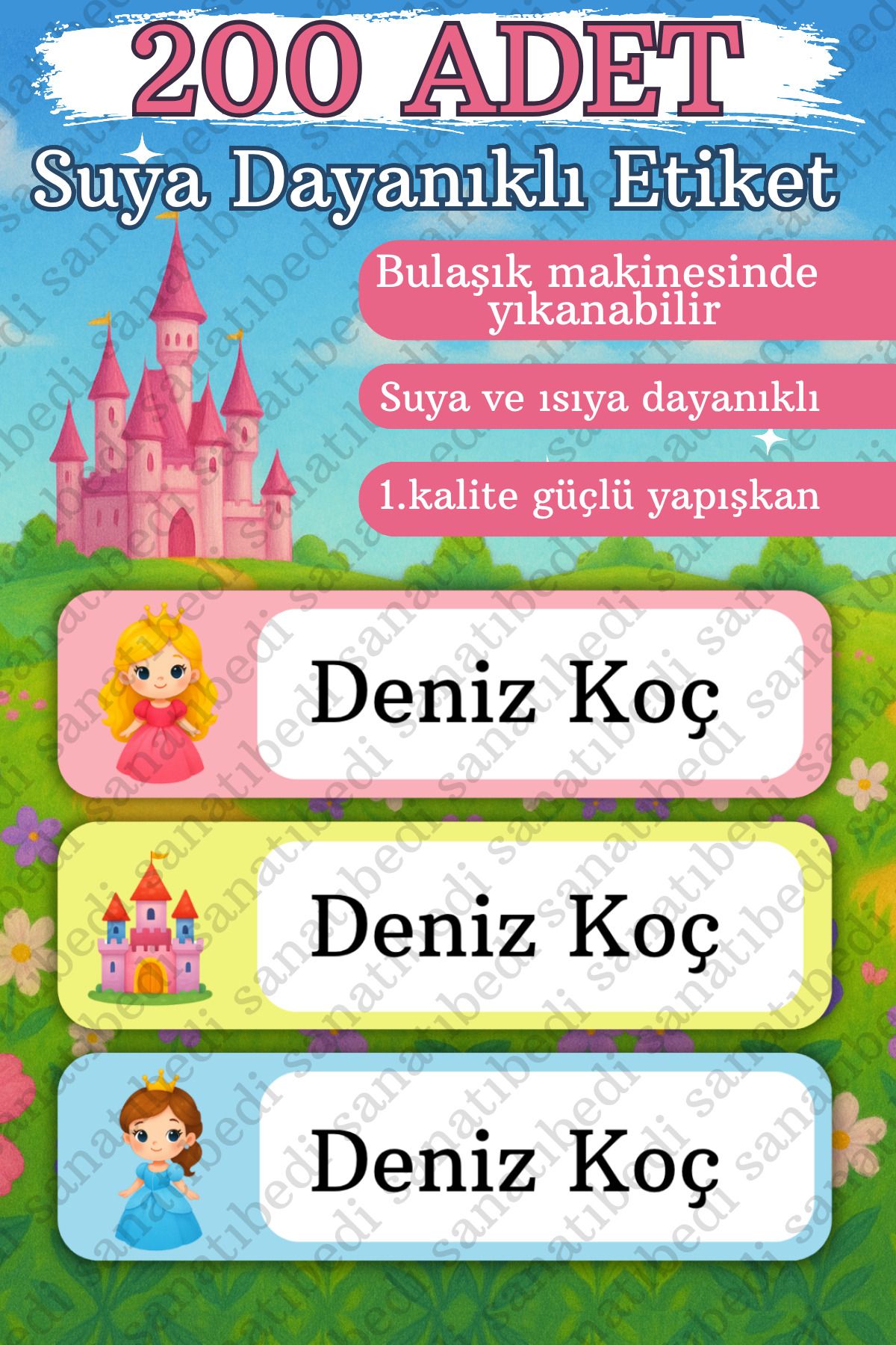 sanatıbedi 200 Adet Suya Dayanıklı Okul Etiketi -Kalem Kitap Defter Suluk Özel Isim Yazılabilen Prenses Sticker