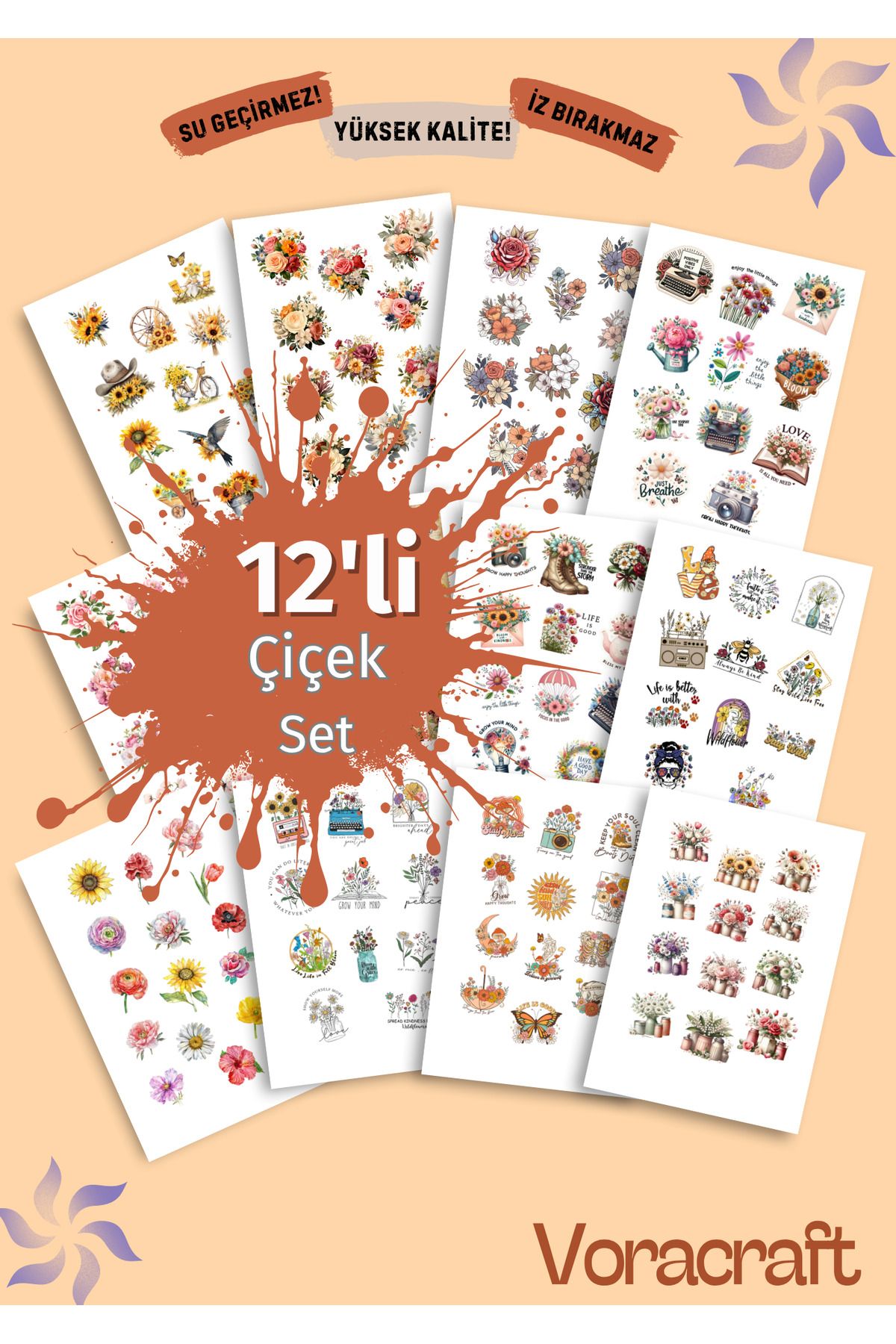 VORACRAFT 12'li Çiçek Sticker Ajanda Bullet Laptop Journal İK001