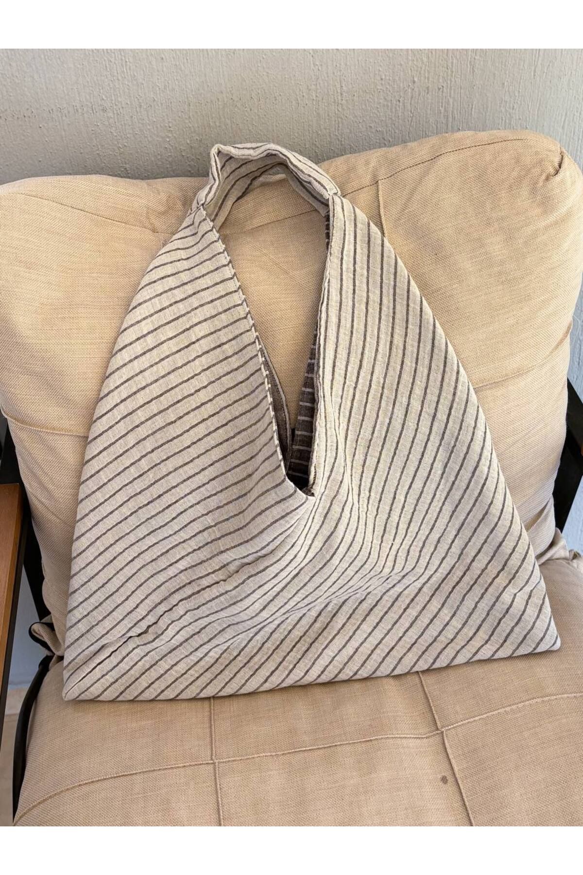 girlsybags Çizgili Gri Tote Çanta Kumaş Tote Bag Müslin Shopper Çanta Plaj Çantası Bez Bag Astarlı