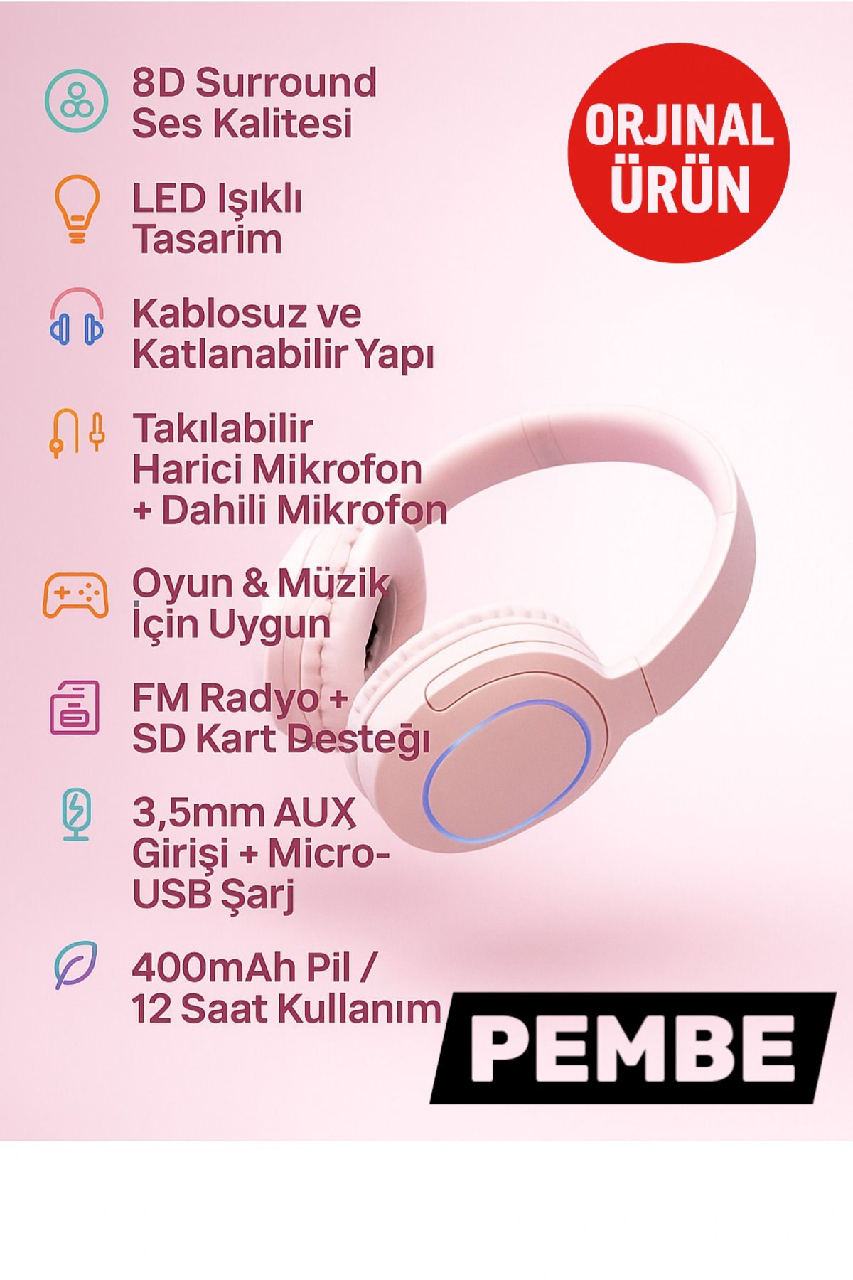 Kılıforyum Kablosuz Kulaklık Katlanabilir Bluetooth 5.3 LED Işıklı | Takılabilir Mikrofon,FM,SD Kart,AUX,8D Ses
