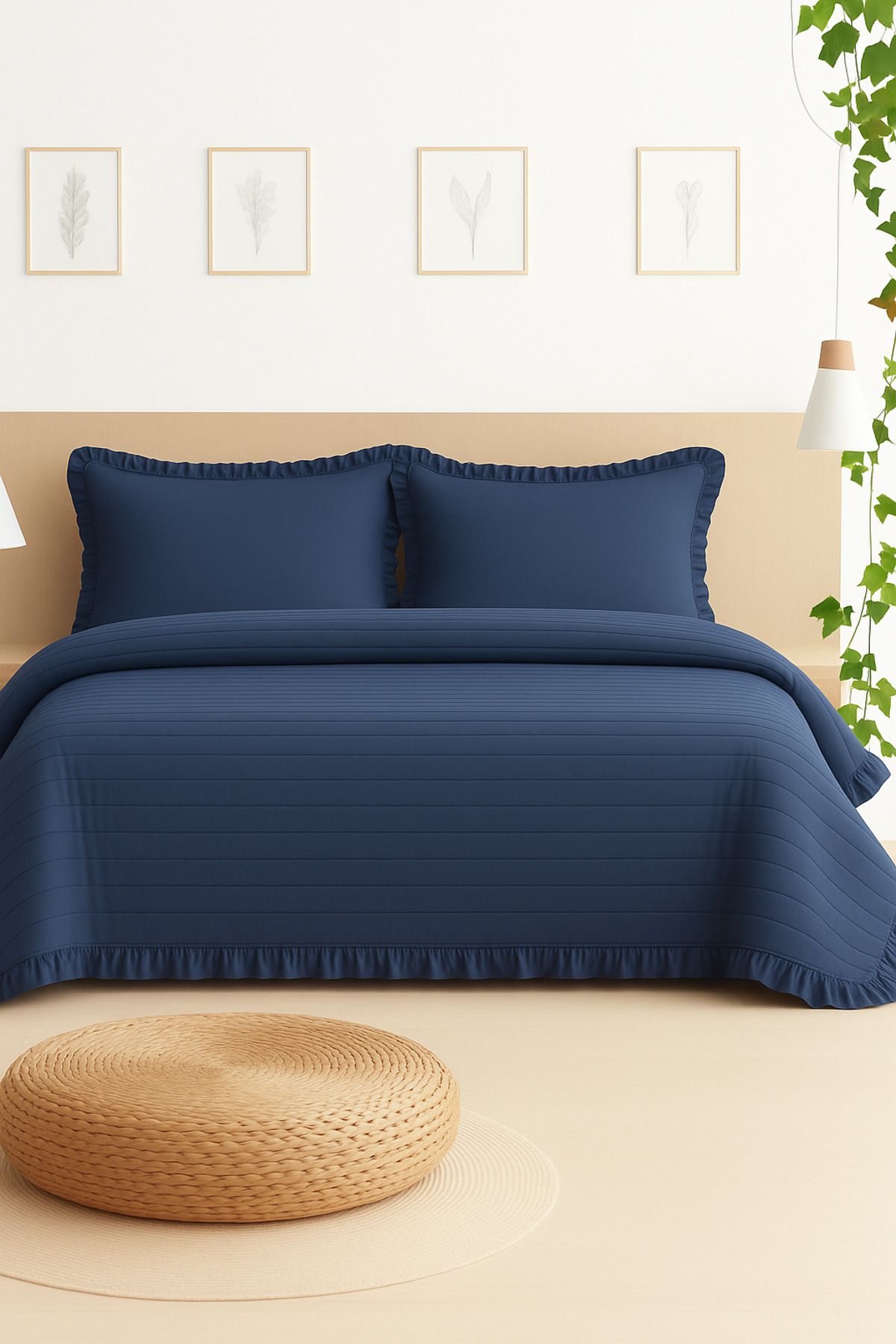 POMELO HOME Lacivert Fırfırlı Yatak Örtüsü Takımı – Çift Kişilik %100 Pamuk, Kapitone Desenli