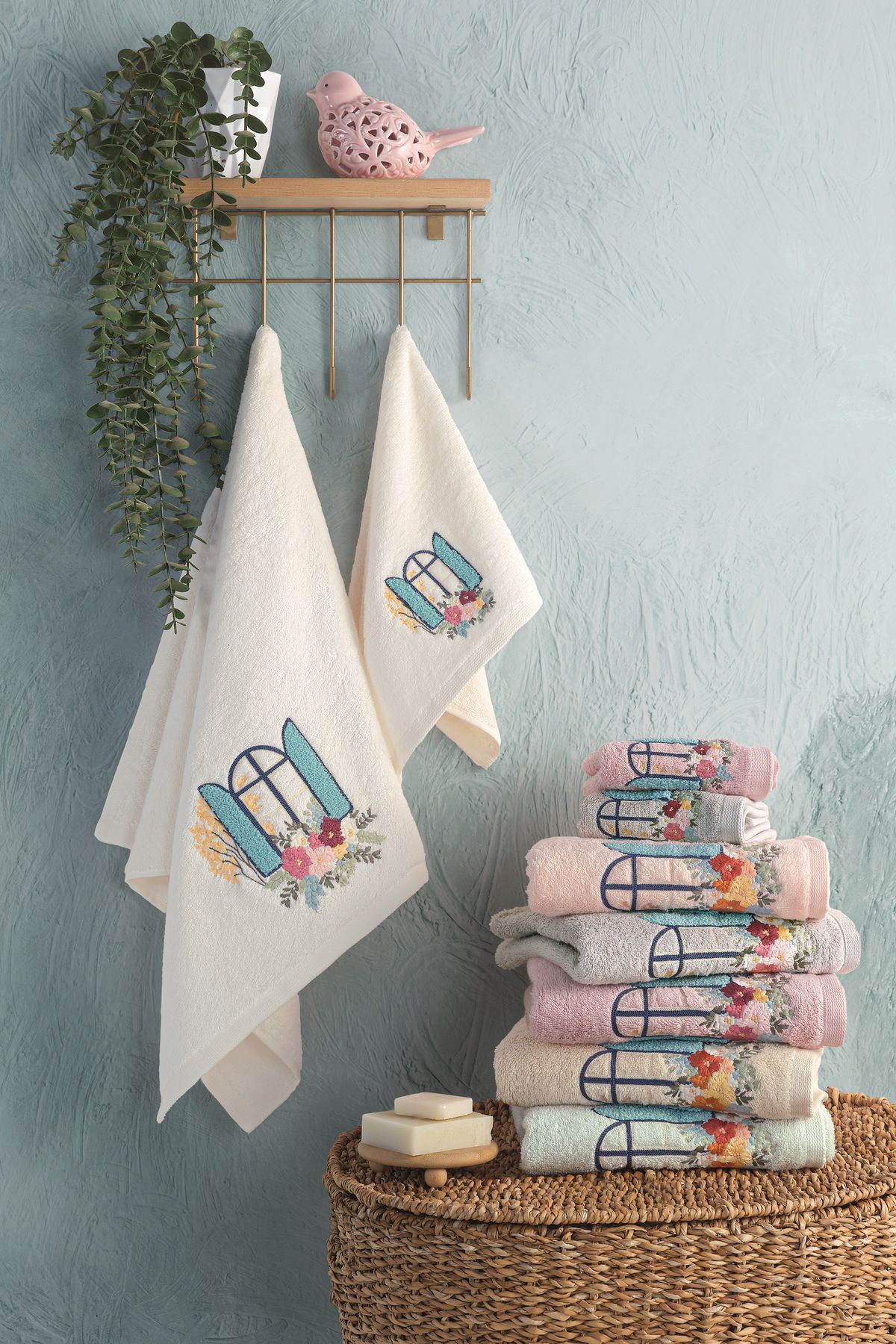 MARİBOR Alaçatı - %70 Bambu / %30 Pamuk Nakışlı El Havlusu - 6'lı Set 50x90