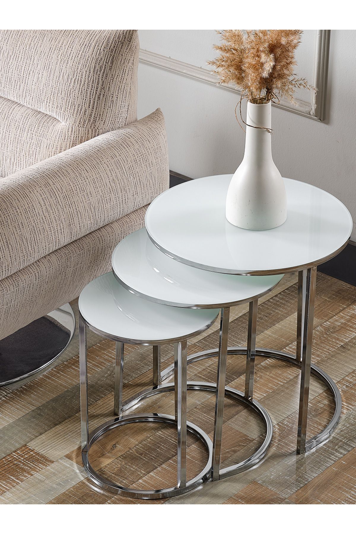 SEDAŞ LIVING UNITS 3 ADET Beyaz Cam Nikel (GÜMÜŞ) Metal Sehpa