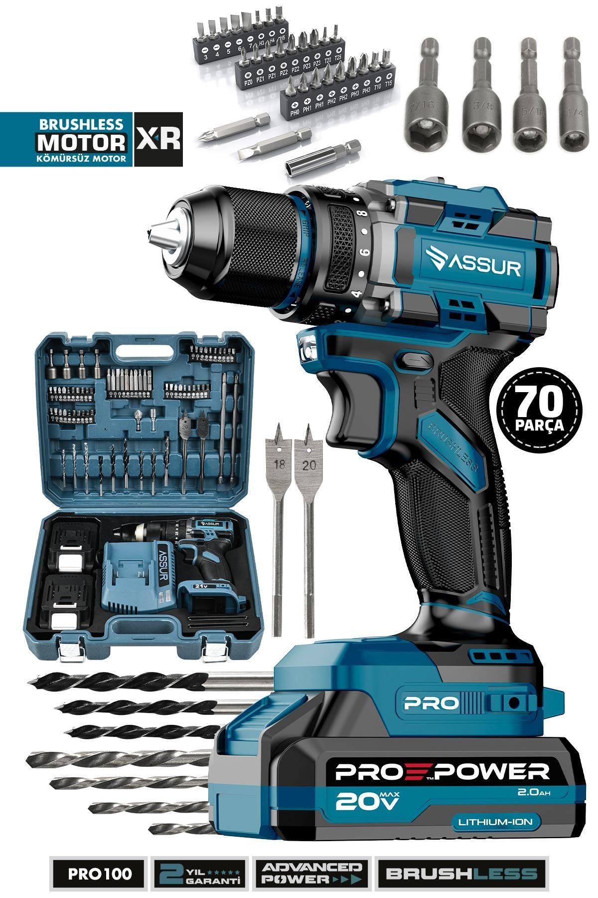 ASSUR Pro 21V Çift Akülü Vidalama Çelik Mandren Kömürsüz Motor Darbeli Şarjlı Matkap