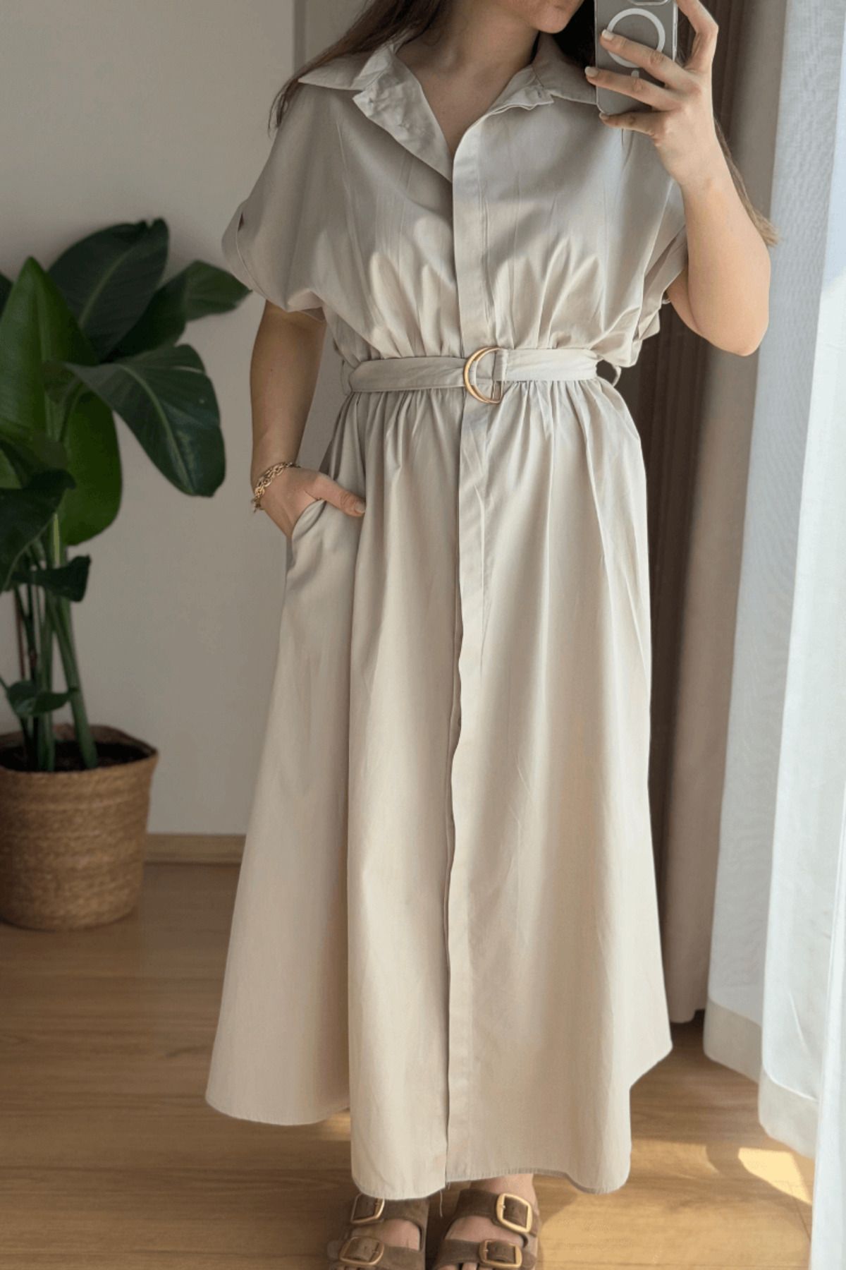 SEHOCO BUTİK Taş Rengi %100 Pamuk Elbise