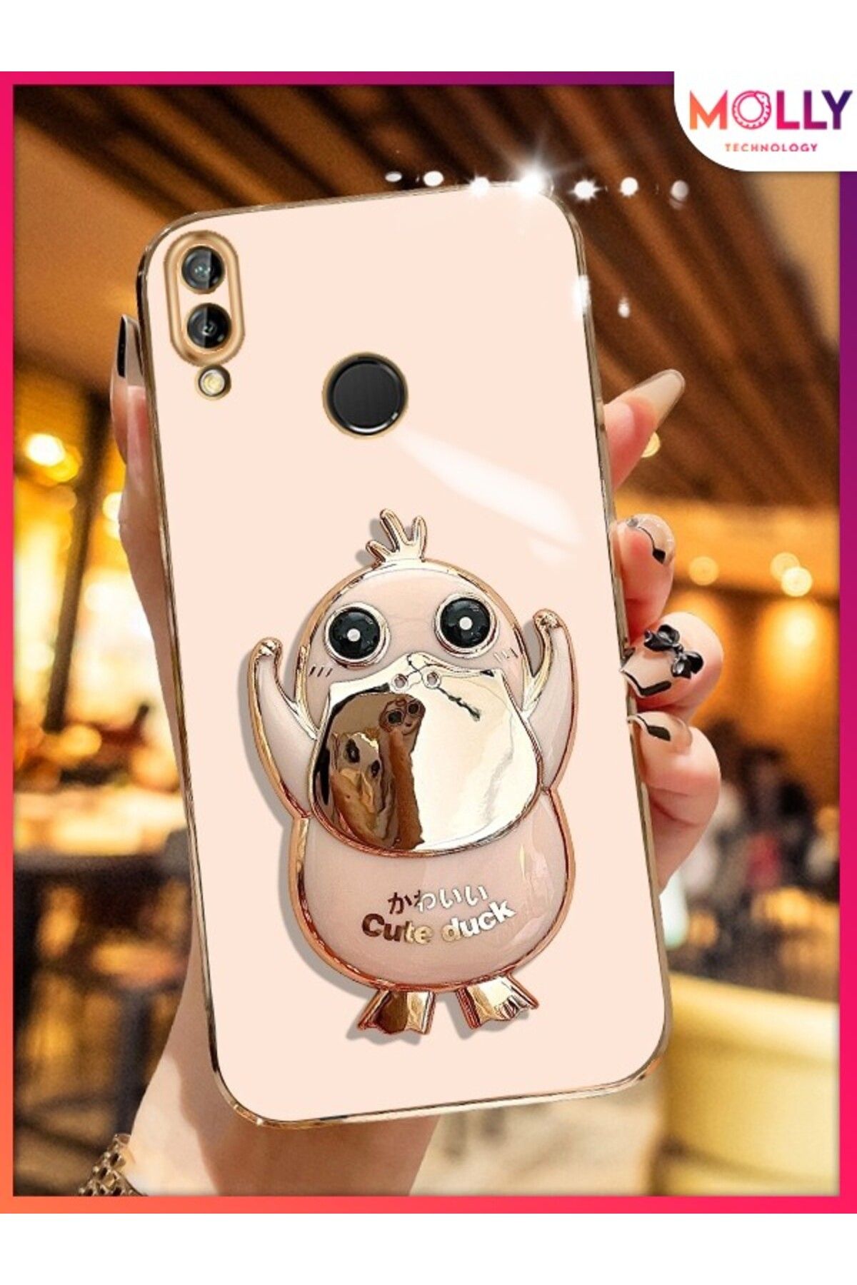 Molly Huawei P20 LİTE İçin Rose Sevimli Ördek Standlı Kenarları Gold Detaylı Lüks Silikon Kılıf