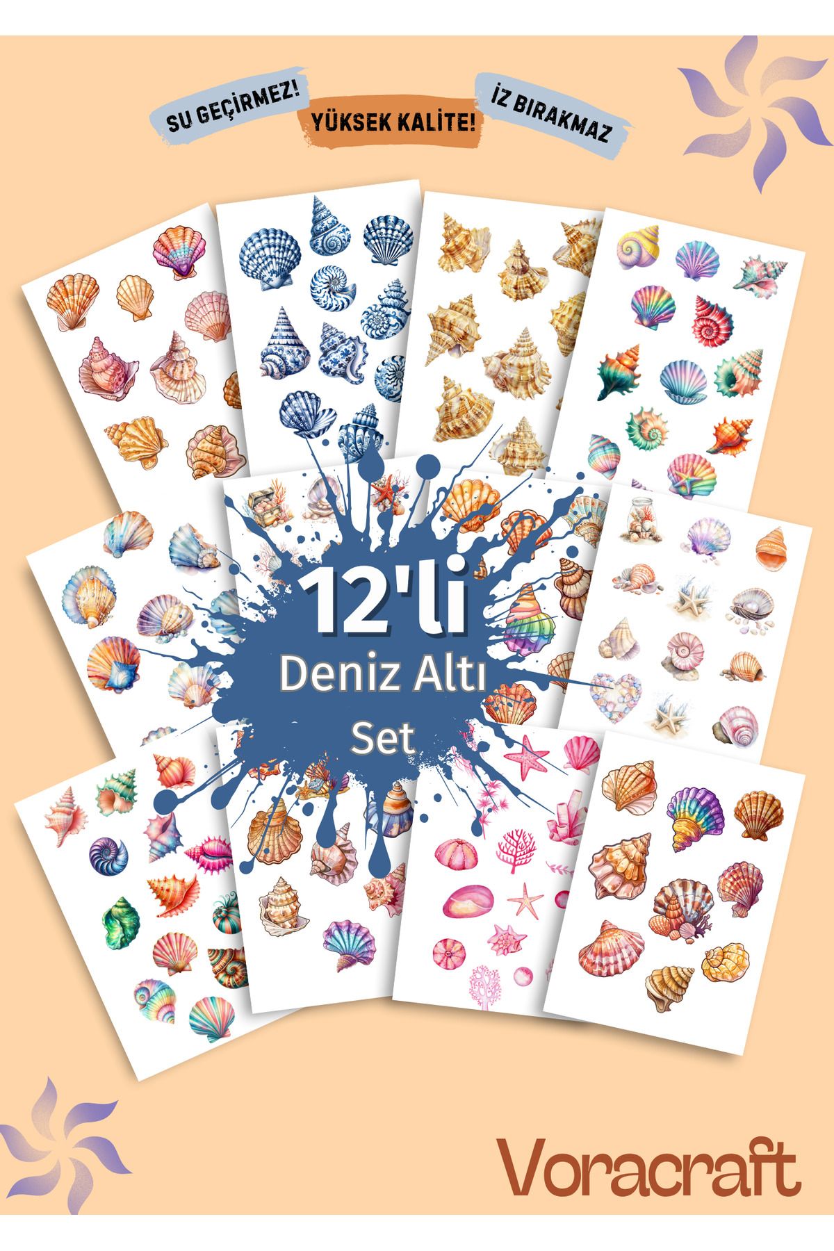 VORACRAFT 12'li Deniz Canlıları Sticker Ajanda Bullet Laptop Journal İK002