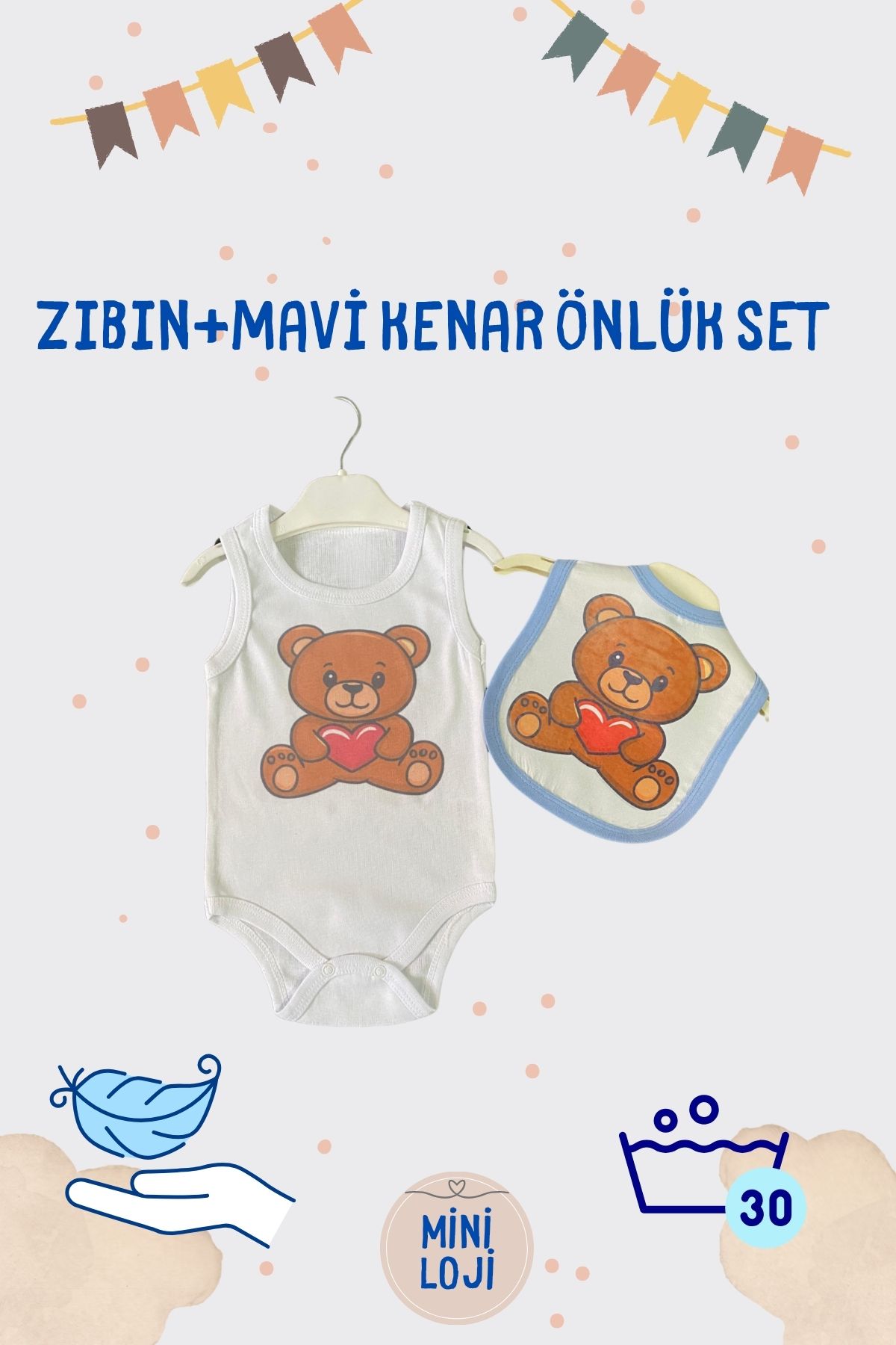 miniloji Ayıcık Desenli Bebek Zıbın ve Önlük Seti - Mavi Kenarlı & Pamuklu/Paraşüt Kumaş (0-36 Ay)