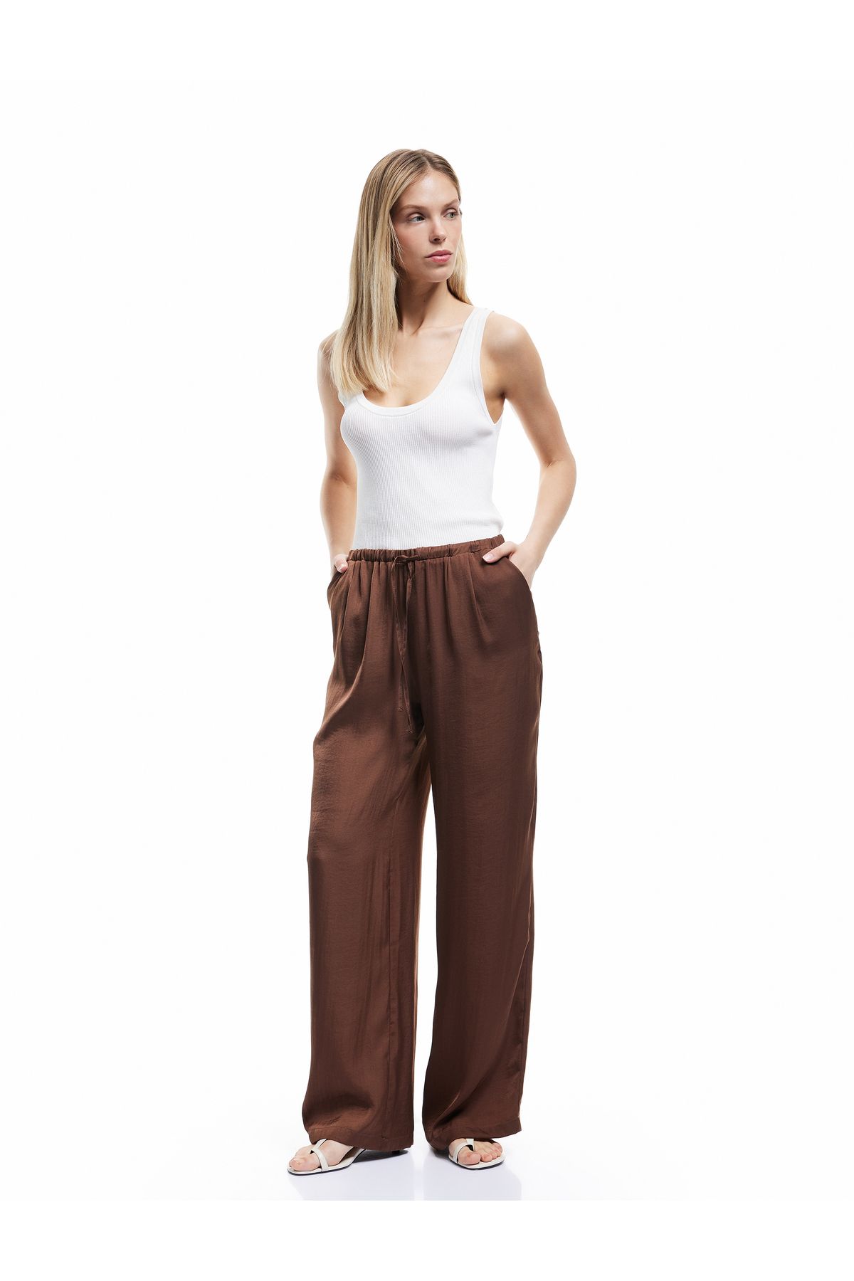 Koton-Aerobin Fabric Wide Leg Satin Trousers with Elastic Waist and Tie Pockets 2