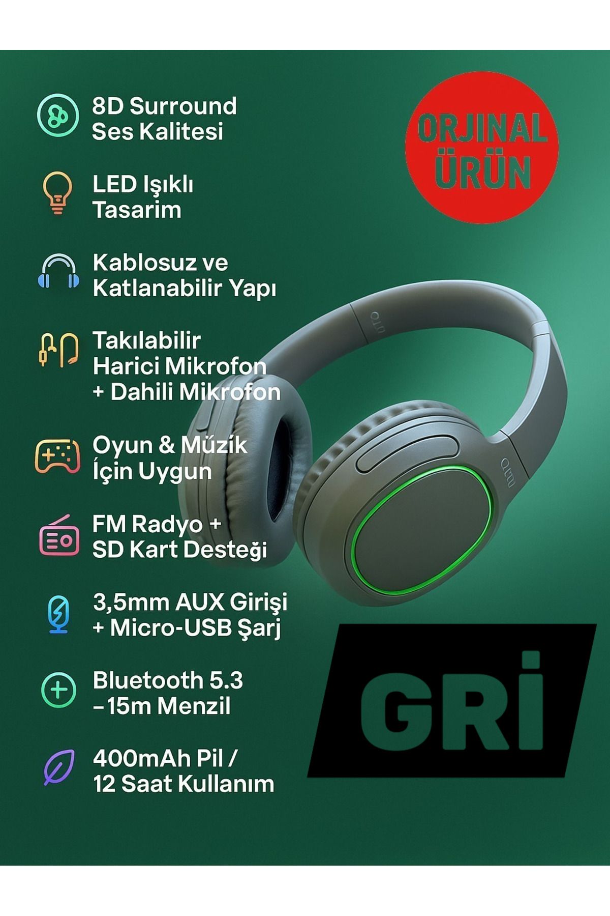 Kılıforyum Kablosuz Kulaklık Katlanabilir Bluetooth 5.3 LED Işıklı | Takılabilir Mikrofon,FM,SD Kart,AUX,8D Ses
