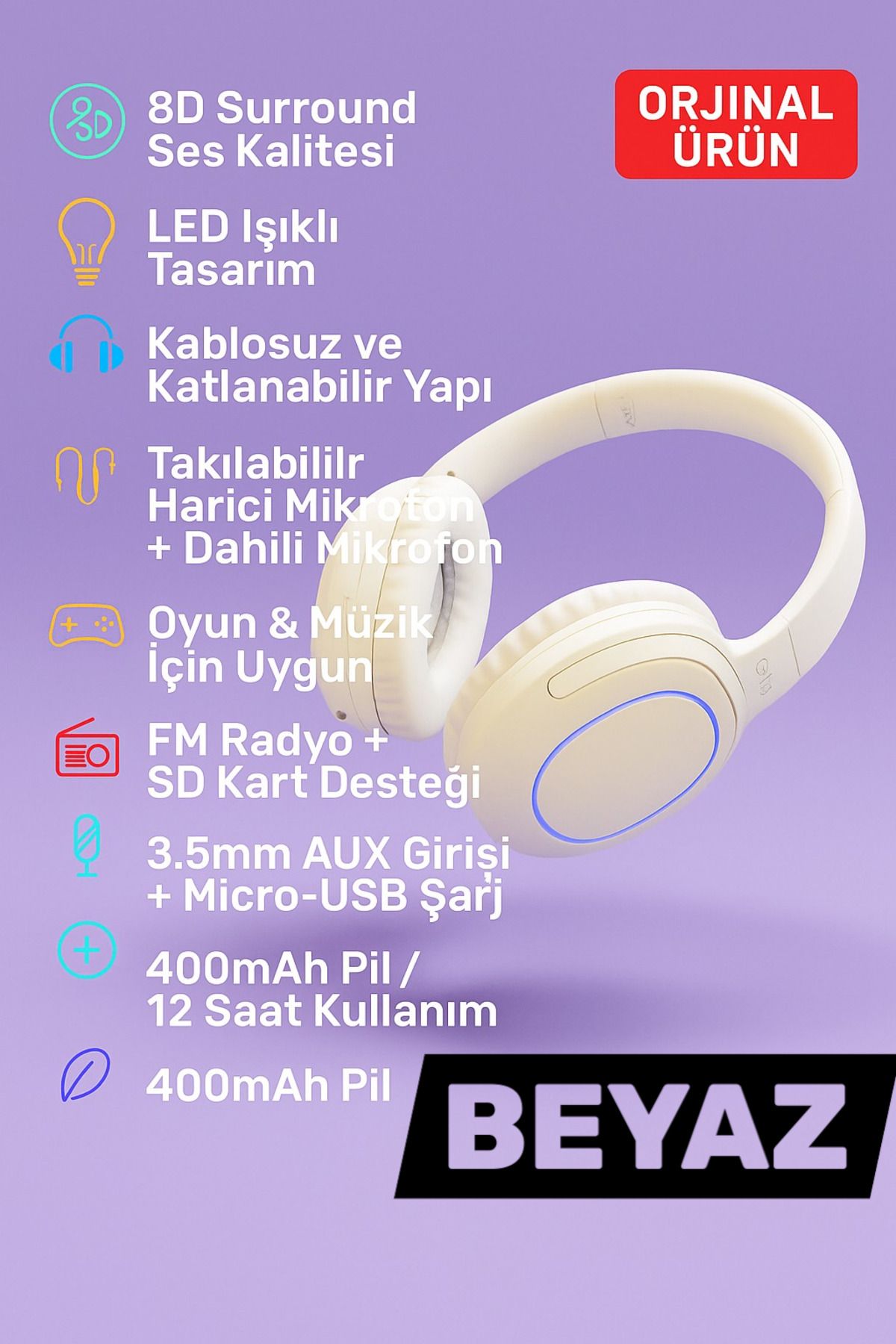 Kılıforyum Kablosuz Kulaklık Katlanabilir Bluetooth 5.3 LED Işıklı | Takılabilir Mikrofon,FM,SD Kart,AUX,8D Ses