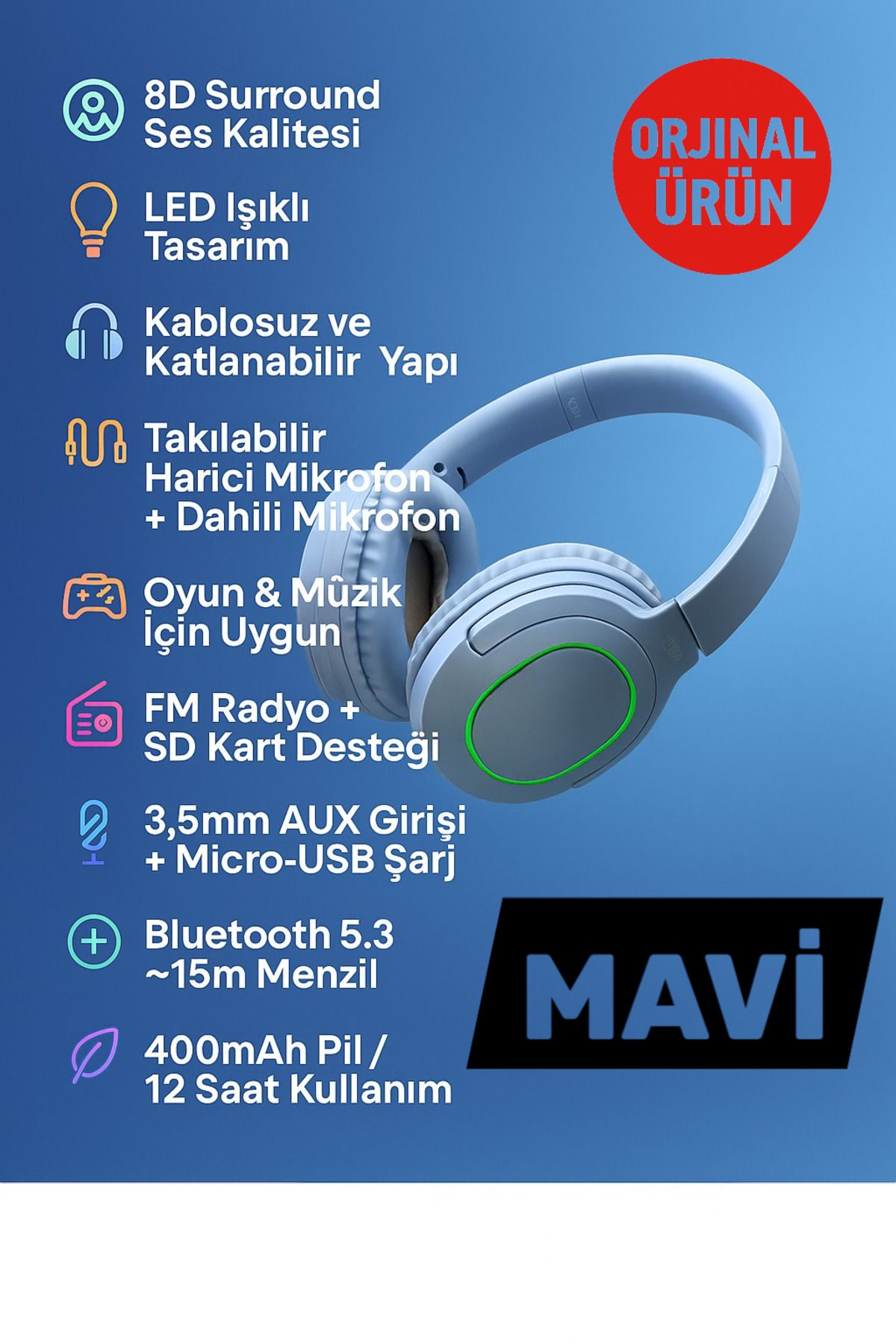 Kılıforyum Kablosuz Kulaklık Katlanabilir Bluetooth 5.3 LED Işıklı | Takılabilir Mikrofon,FM,SD Kart,AUX,8D Ses