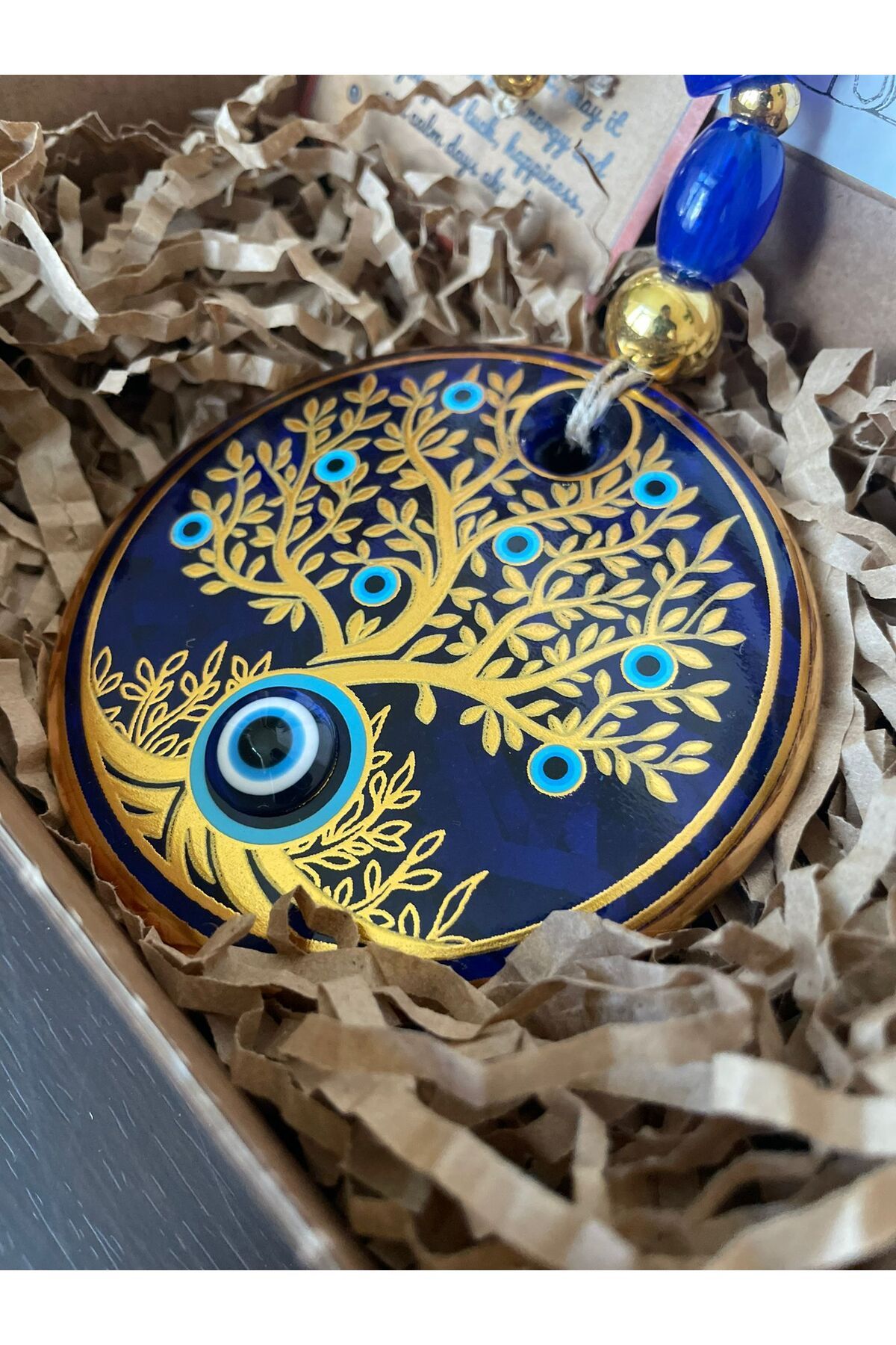 Tilia Home Hayat Ağacı Desenli Cam Nazar Boncuğu – 11 cm Altın Renkli Duvar Dekoru