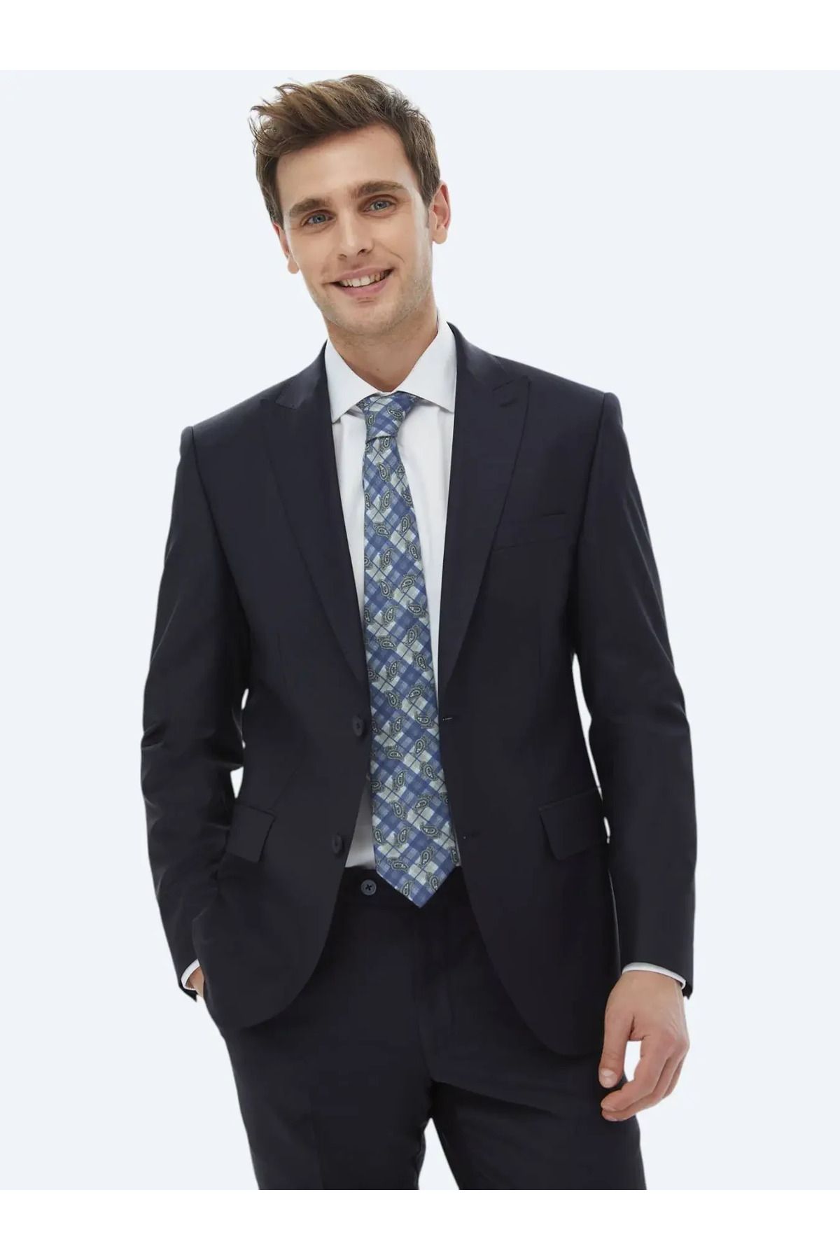 Kip Lacivert Düz Modern Fit Yün Karışımlı Takım Elbise
