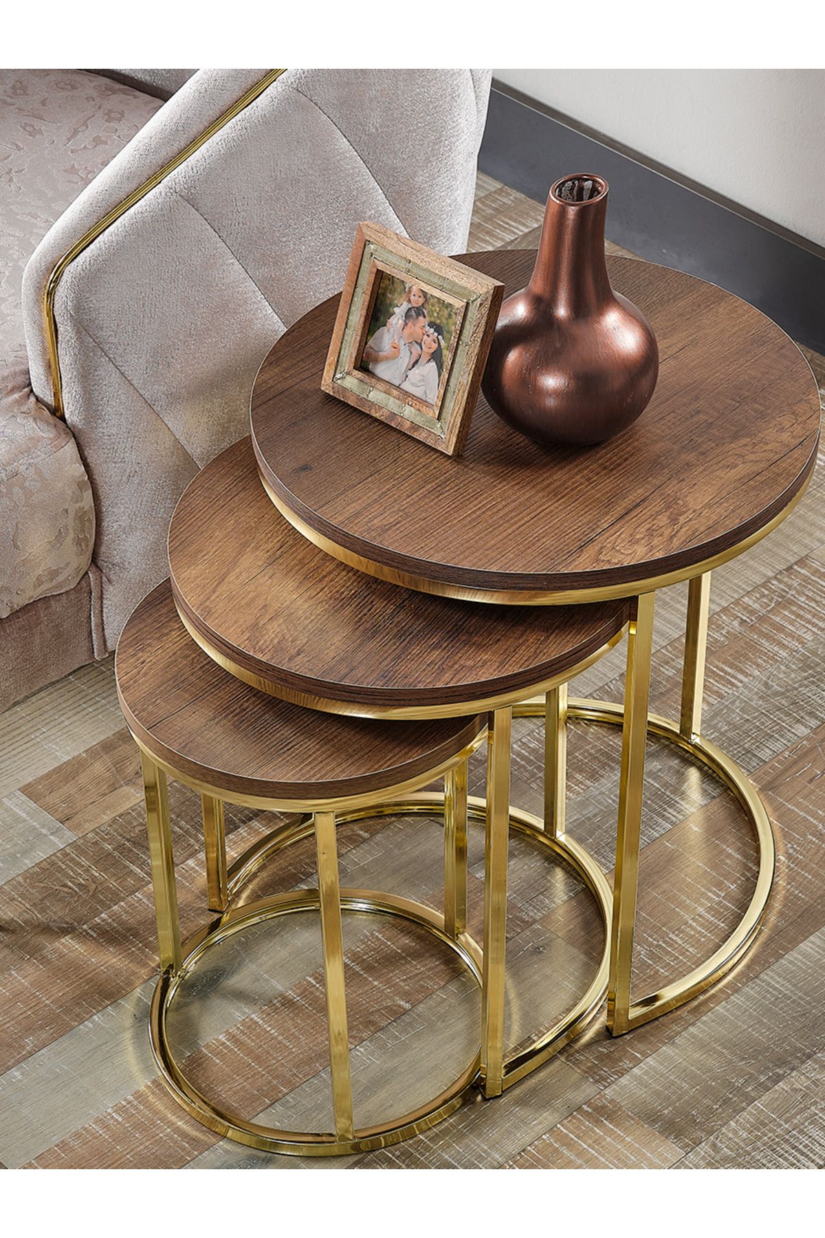 SEDAŞ LIVING UNITS 3 ADET ZİGON Koyu Ceviz Suntalam Gold Metal Ayak Zigon Sehpa sedaş-living-units-sehpa-zigon