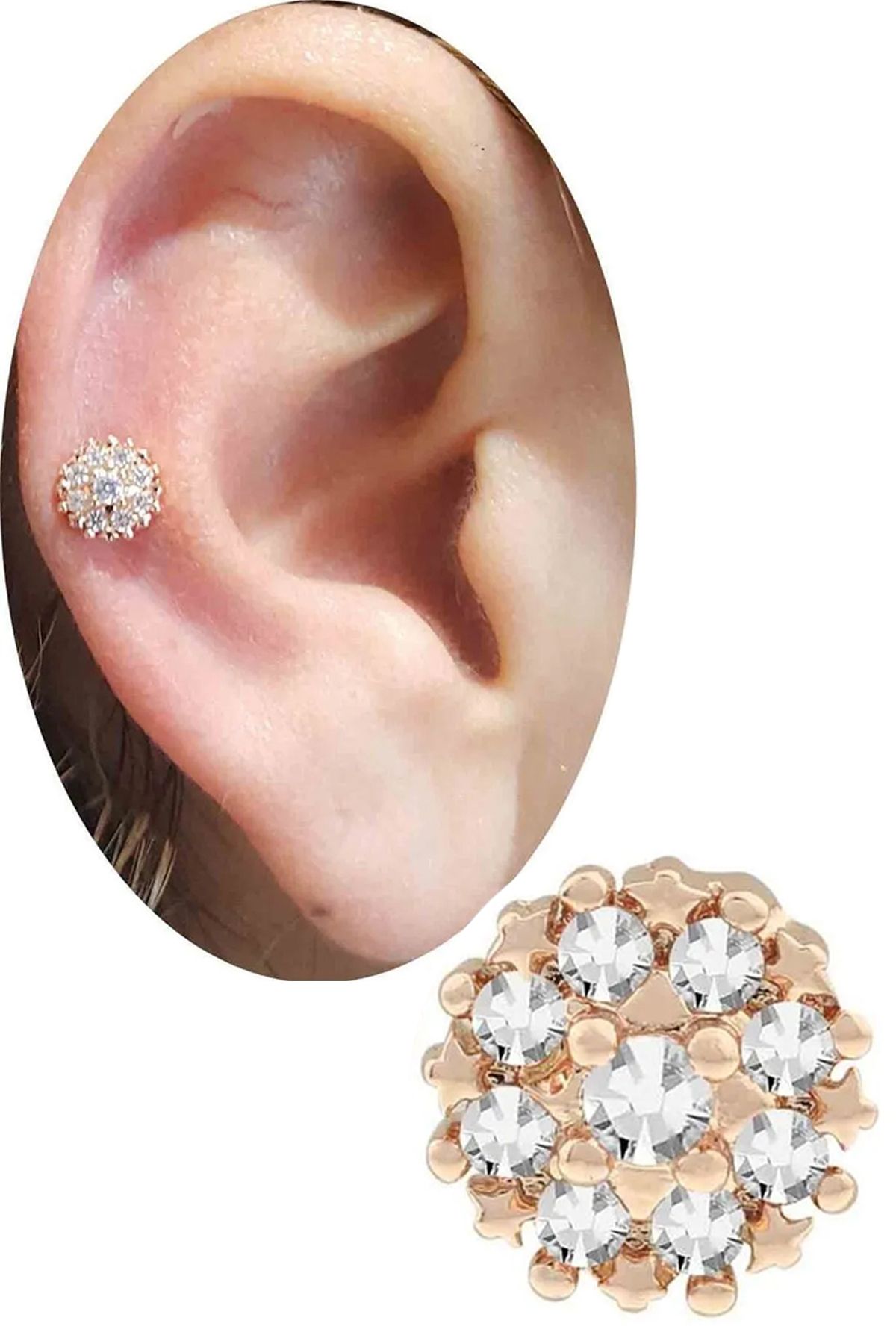 Cadının Dükkanı Zirkon Taşlı Rose Çiçek Tragus-Helix-Kıkırdak Piercing