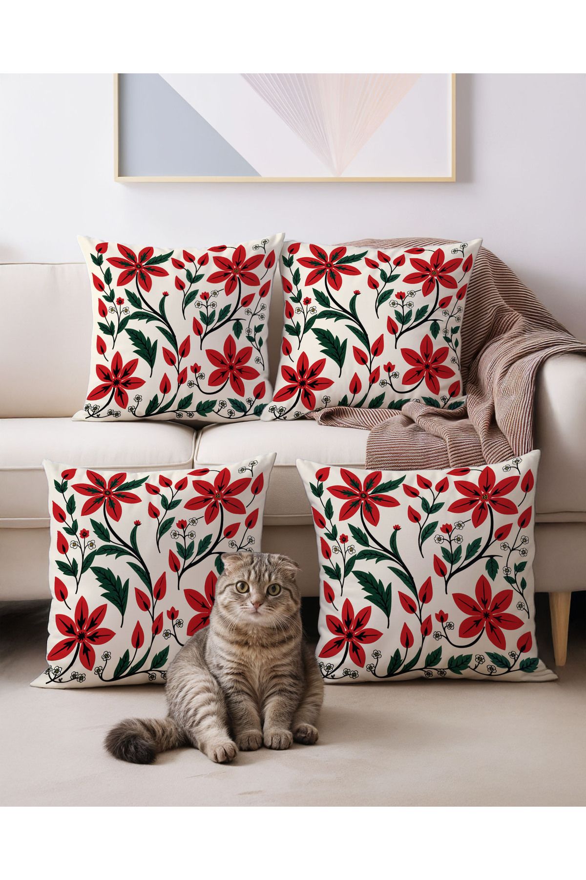 Artvibe Ottoman Stil Kırmızı Çiçek Desenli 4lü Dekoratif Kırlent Kılıfı Seti – 43x43 cm, Yıkanabilir Kumaş
