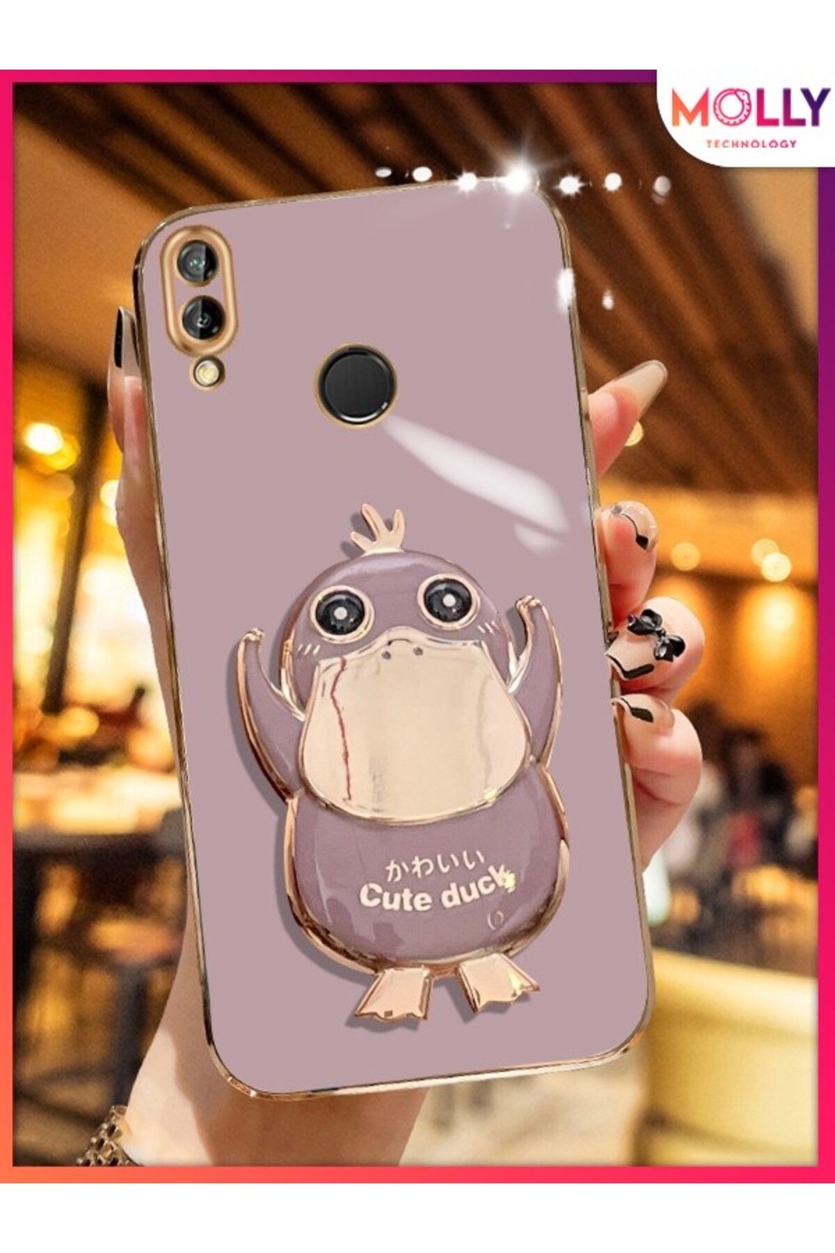 Molly Huawei P20 LİTE İçin Lila Sevimli Ördek Standlı Kenarları Gold Detaylı Lüks Silikon Kılıf