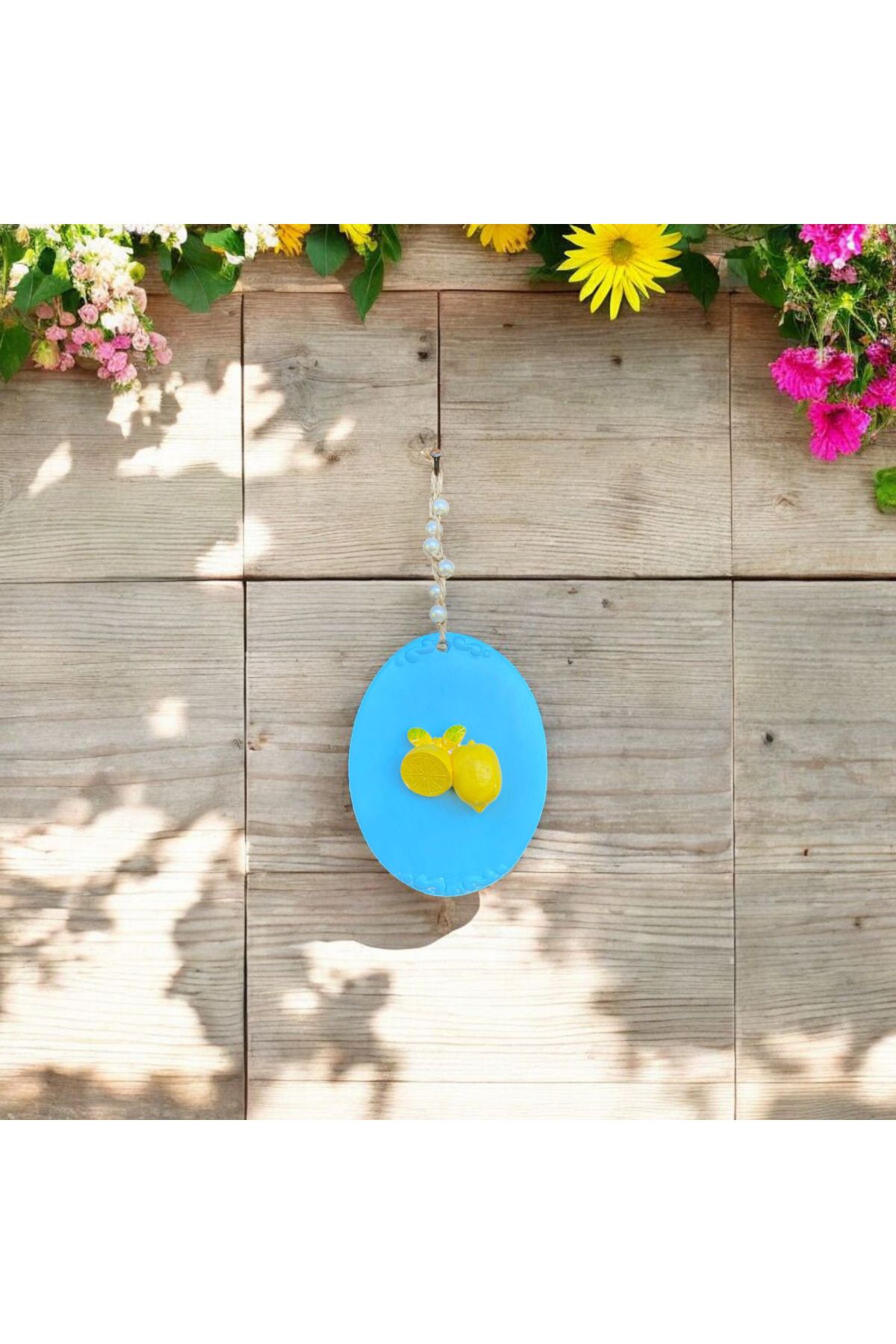 Season to Shine Limon Süslemeli İnci İp Detaylı Bebe Mavisi Seramik Oval Duvar Süsü