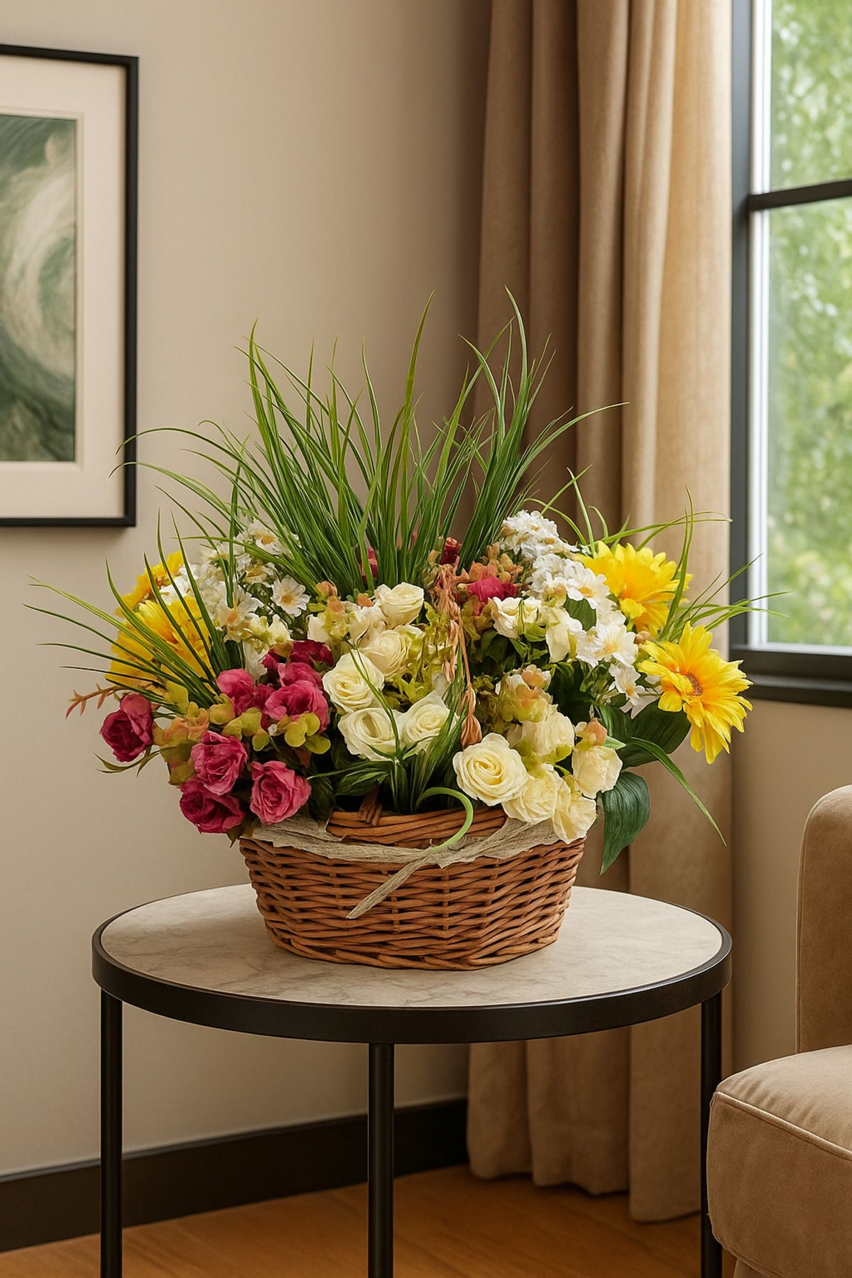 Cennet Home Zengin çiçek Sepeti – Renkli Yapay Çiçeklerle Dolgun Bahar Aranjmanı 50x50 cm