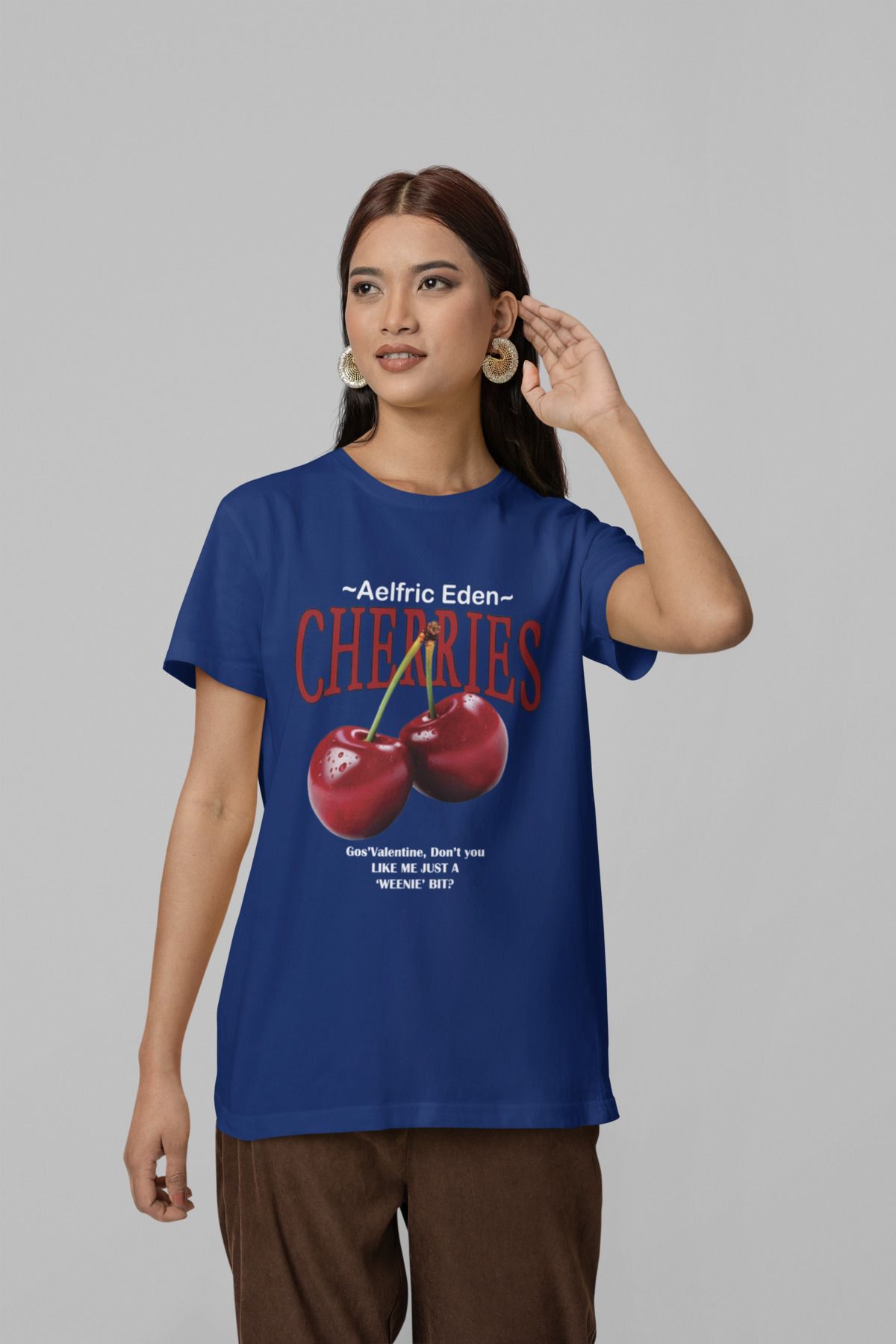 NEVERMIND Unisex Erkek/Kadın CHERRIES Özel Baskılı Oversize Pamuklu Bisiklet Yaka T-Shirt