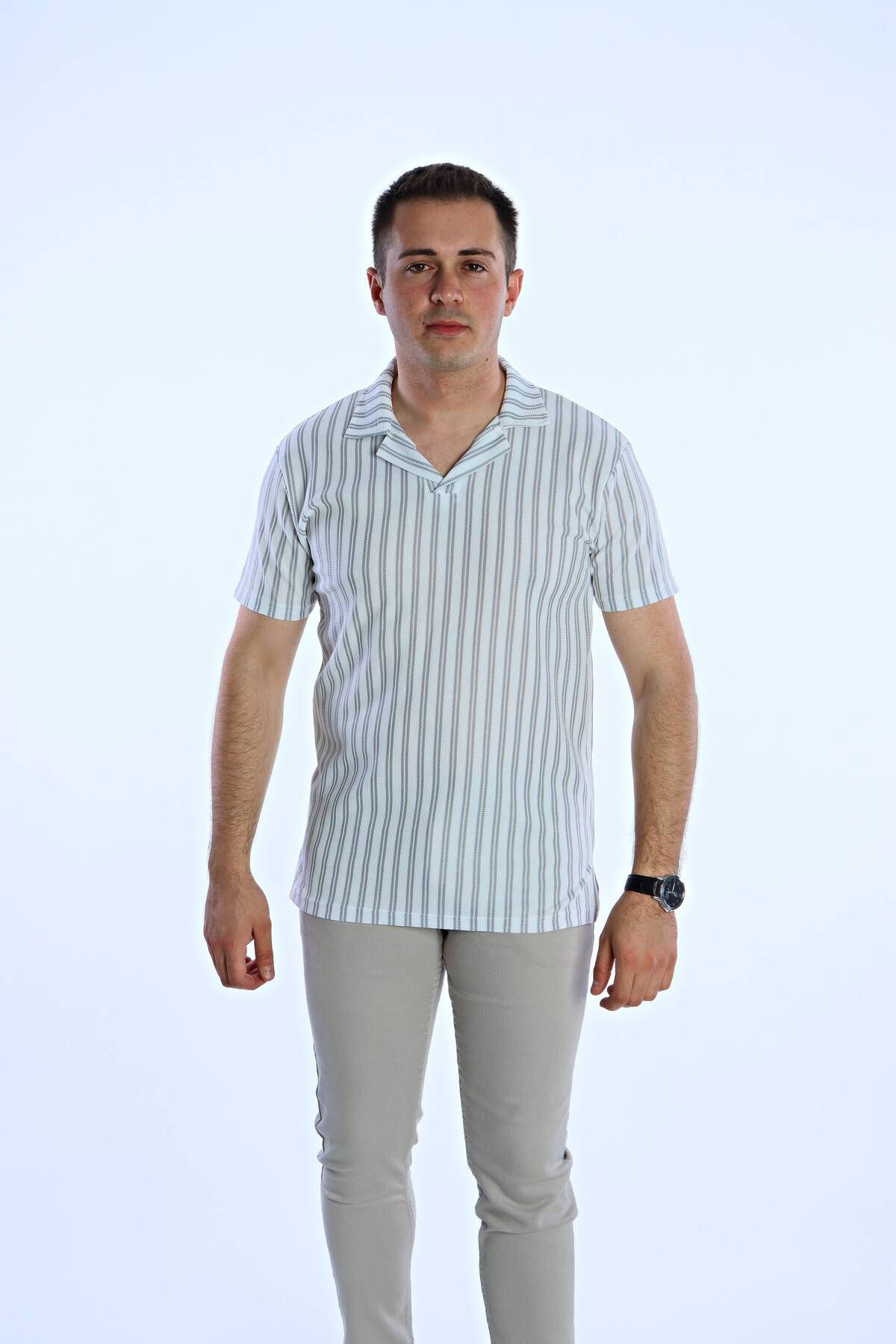 eg38 Syf Hemşire Yaka Çizgili Tişört Gri