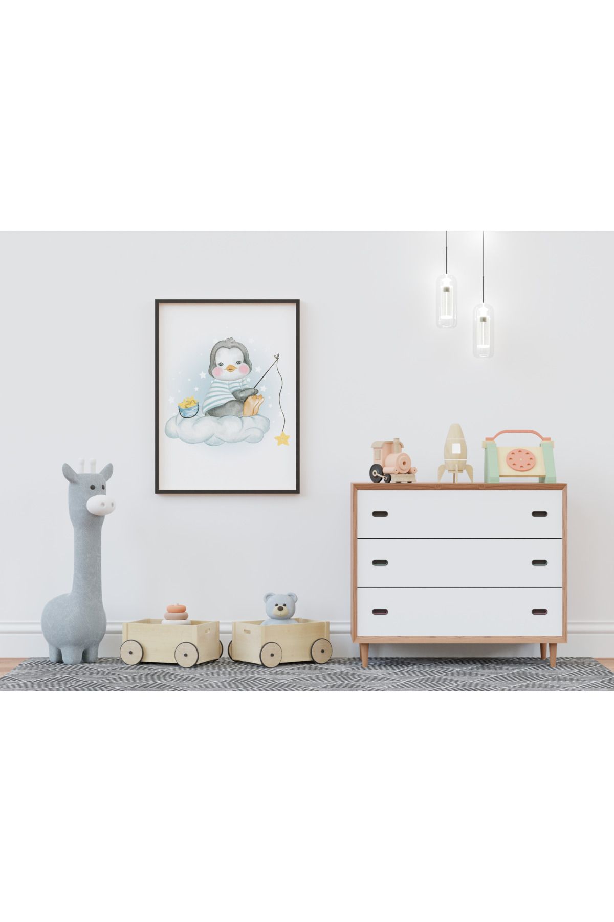 Home Balıkçı Penguen Çerçeveli Çocuk ve Bebek Odası Tablosu
