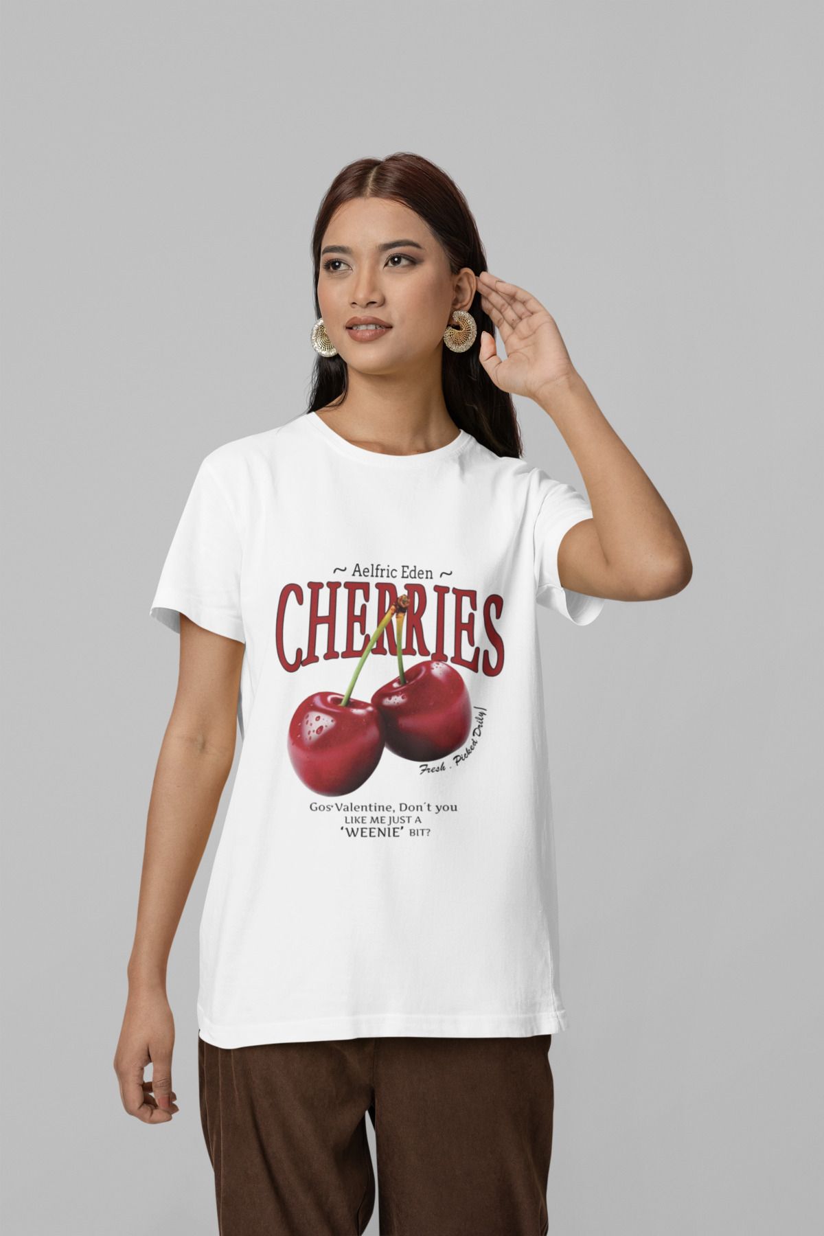 NEVERMIND Unisex Erkek/Kadın CHERRIES Özel Baskılı Oversize Pamuklu Bisiklet Yaka T-Shirt