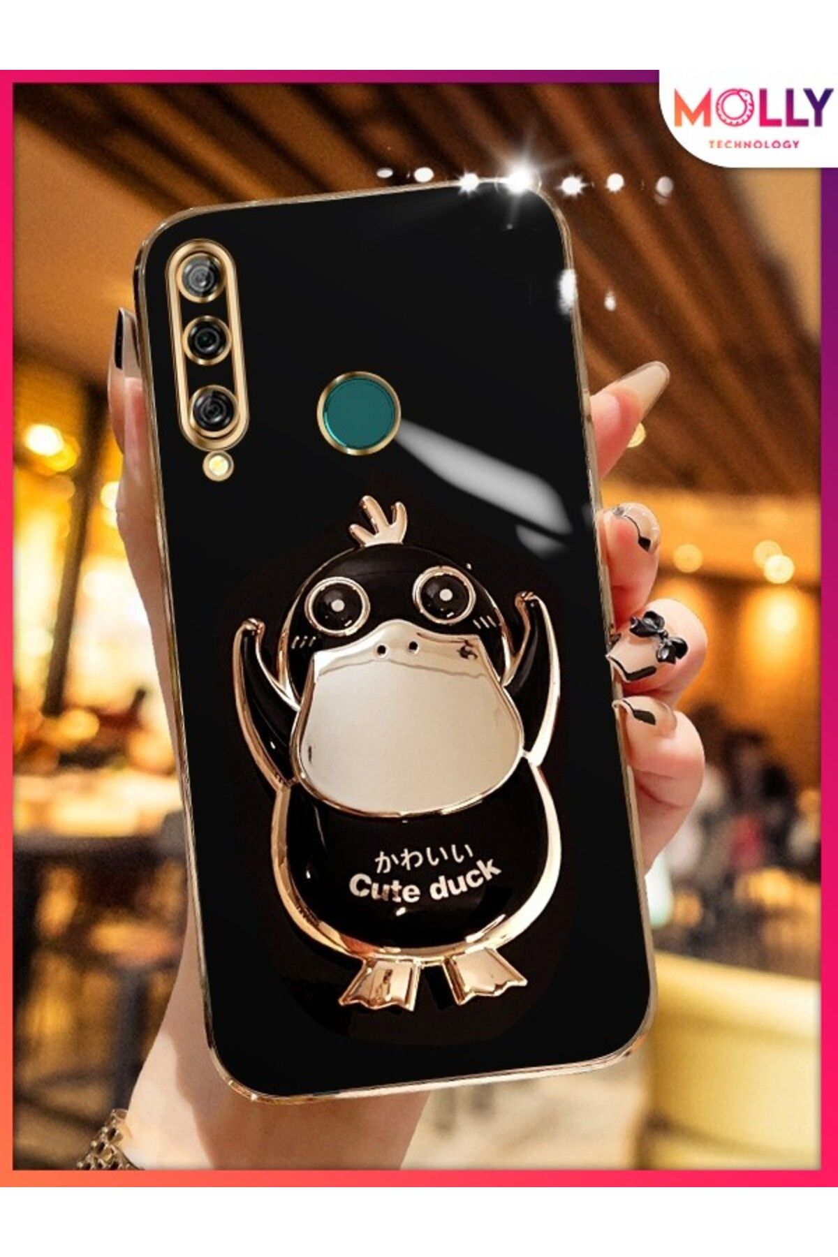 Molly Huawei Y9 PRİME 2019 İçin Siyah Sevimli Ördek Standlı Kenarları Gold Detaylı Lüks Silikon Kılıf