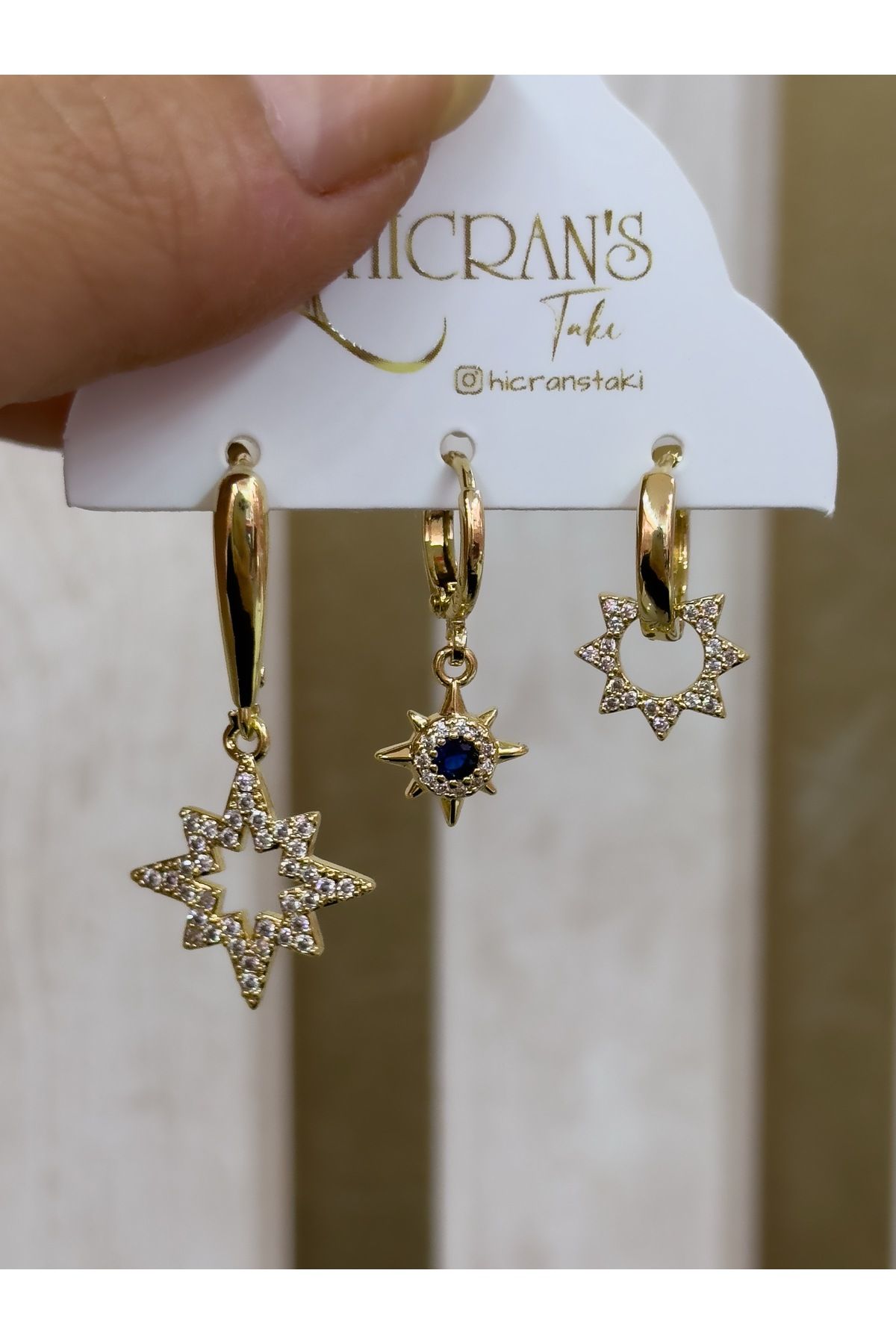 Hicrans Takı Mavi boncuk detaylı yıldız model üçlü set çelik küpe