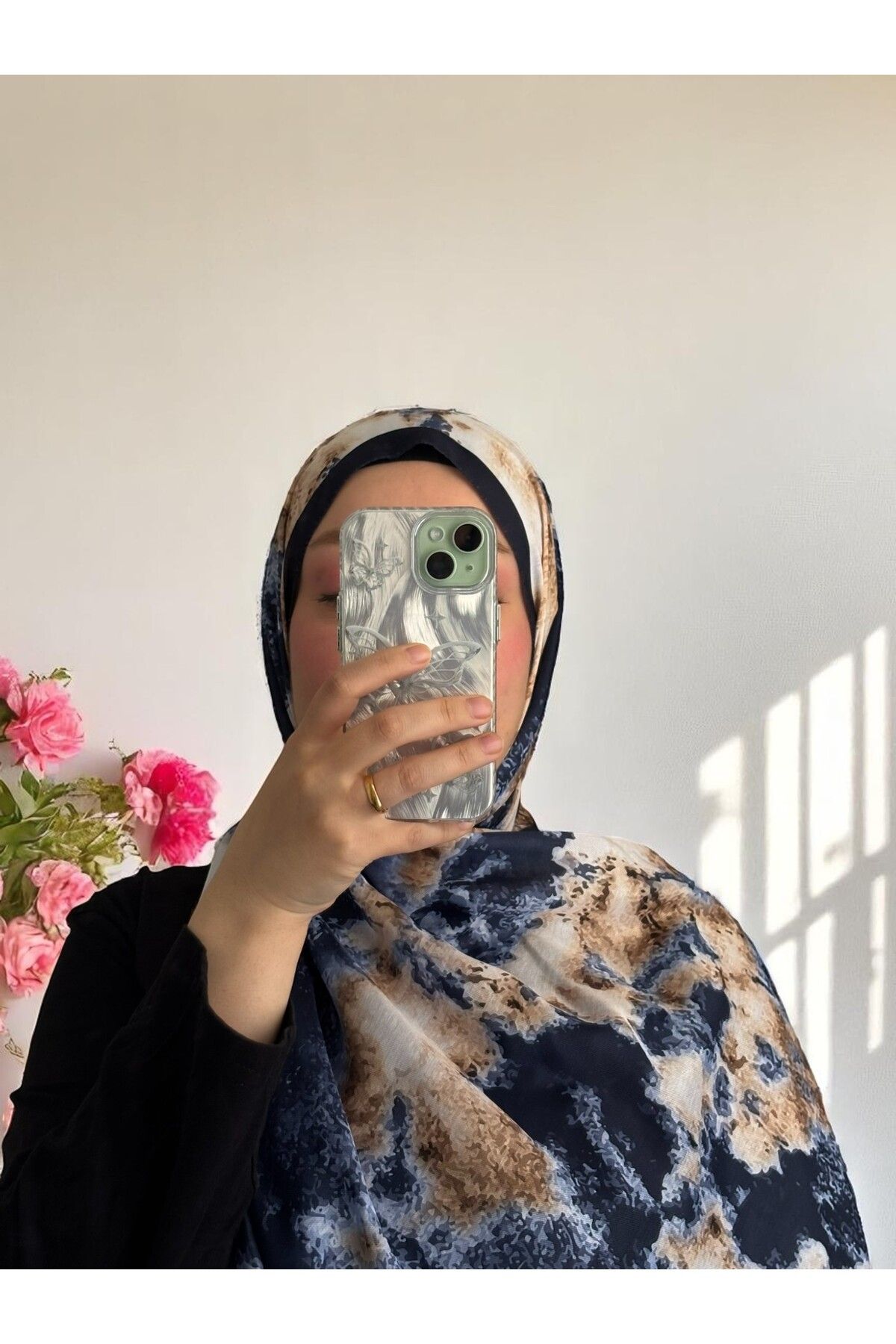 Lavena scarfs Bohem Serisi Bohem Desen Pamuklu Dijital Soft Şal - Lacivert Ve Kahverengi