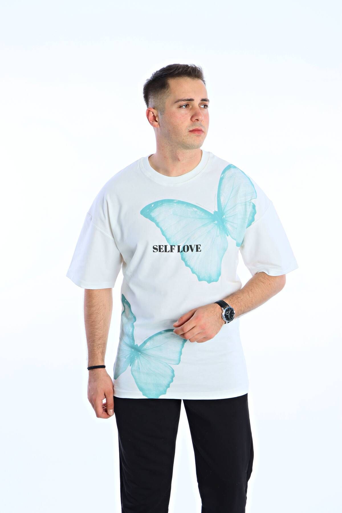 eg38 Gng Kelebek Baskılı Oversize Tişört Beyaz