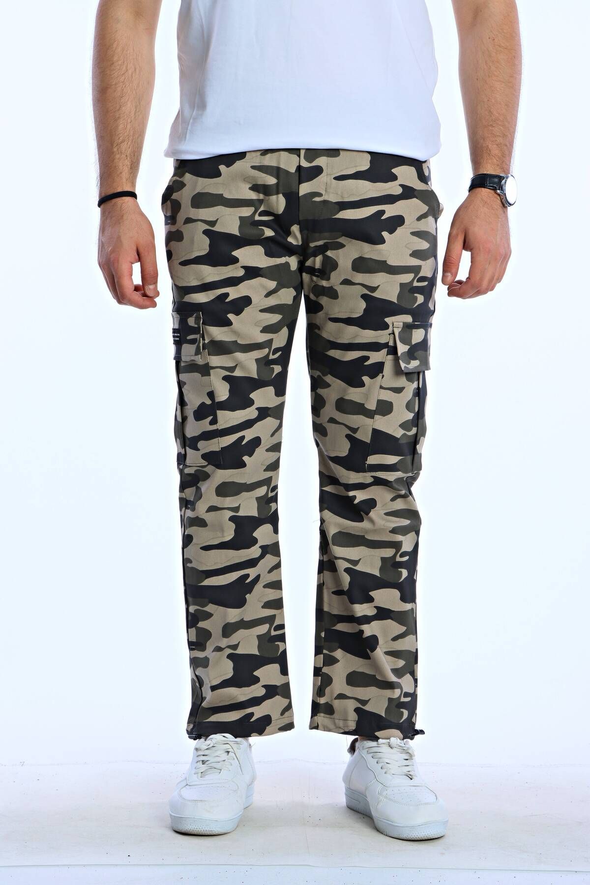eg38 Kamuflaj Baggy Kargo Cep Pantolon Krem