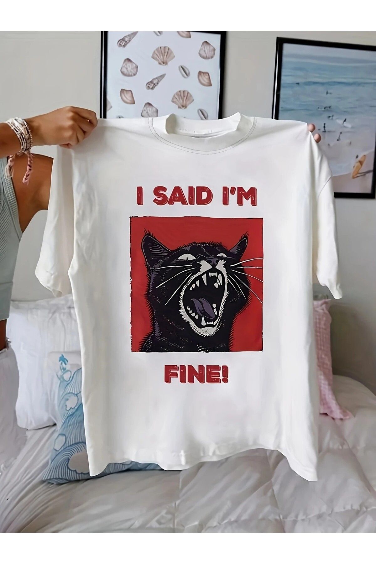 LEIVOR I' m Fine Kedi Tasarım Baskılı Kadın T-shirt