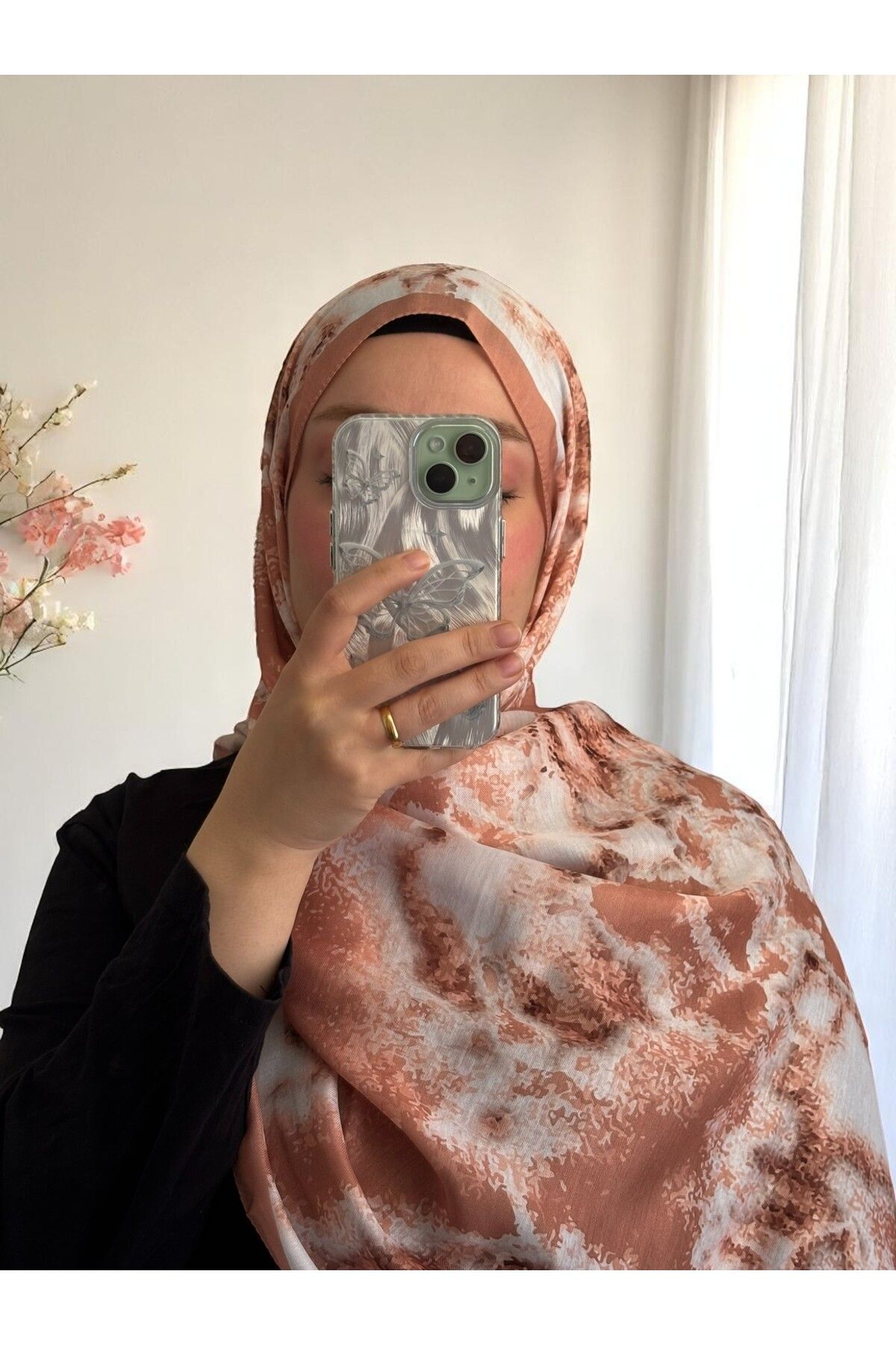 Lavena scarfs Bohem Serisi Bohem Desen Pamuklu Dijital Soft Şal - Somon Rengi