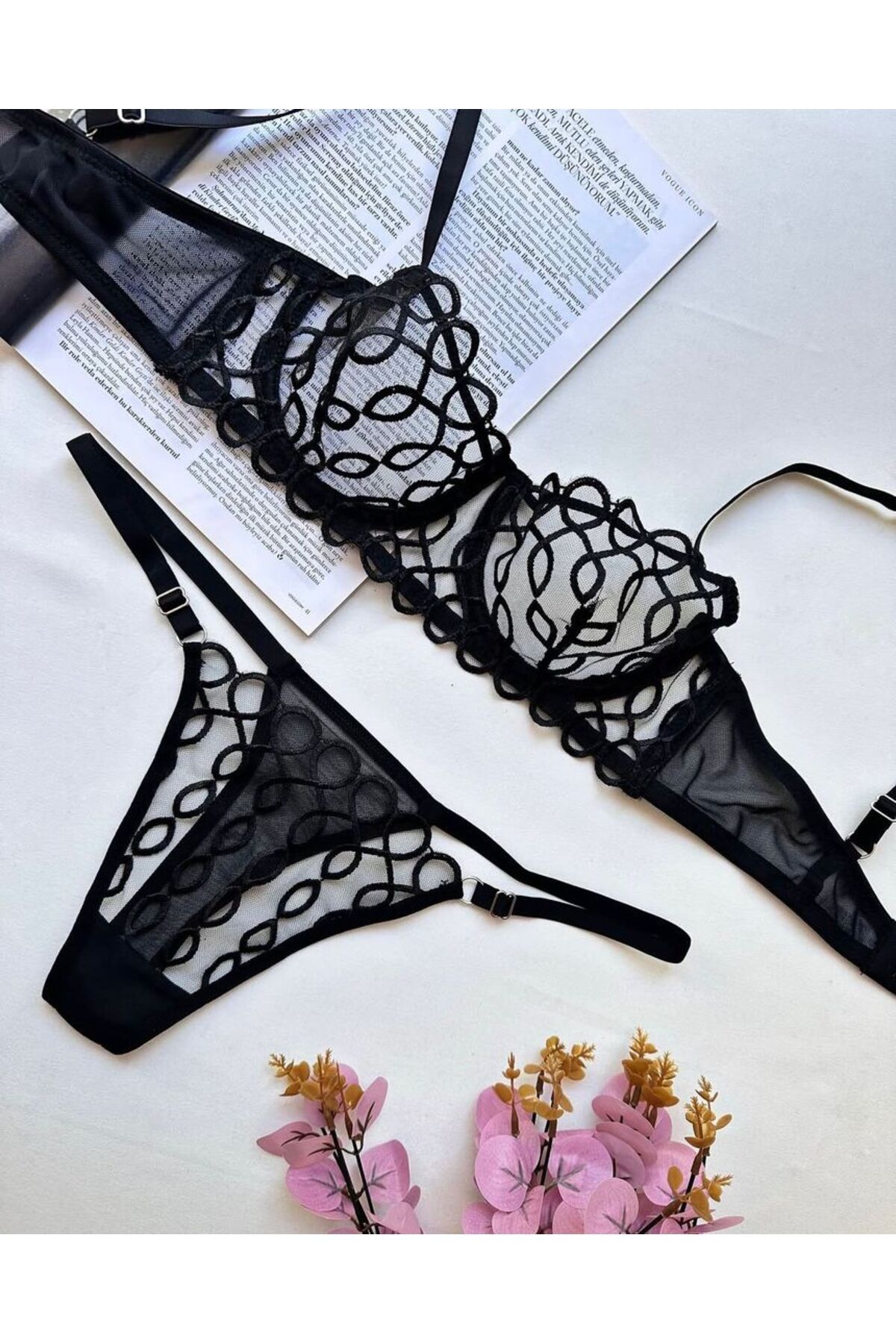 Lotiva Wear Kadın Siyah Desenli Tanga Külotlu Sütyen Takımı