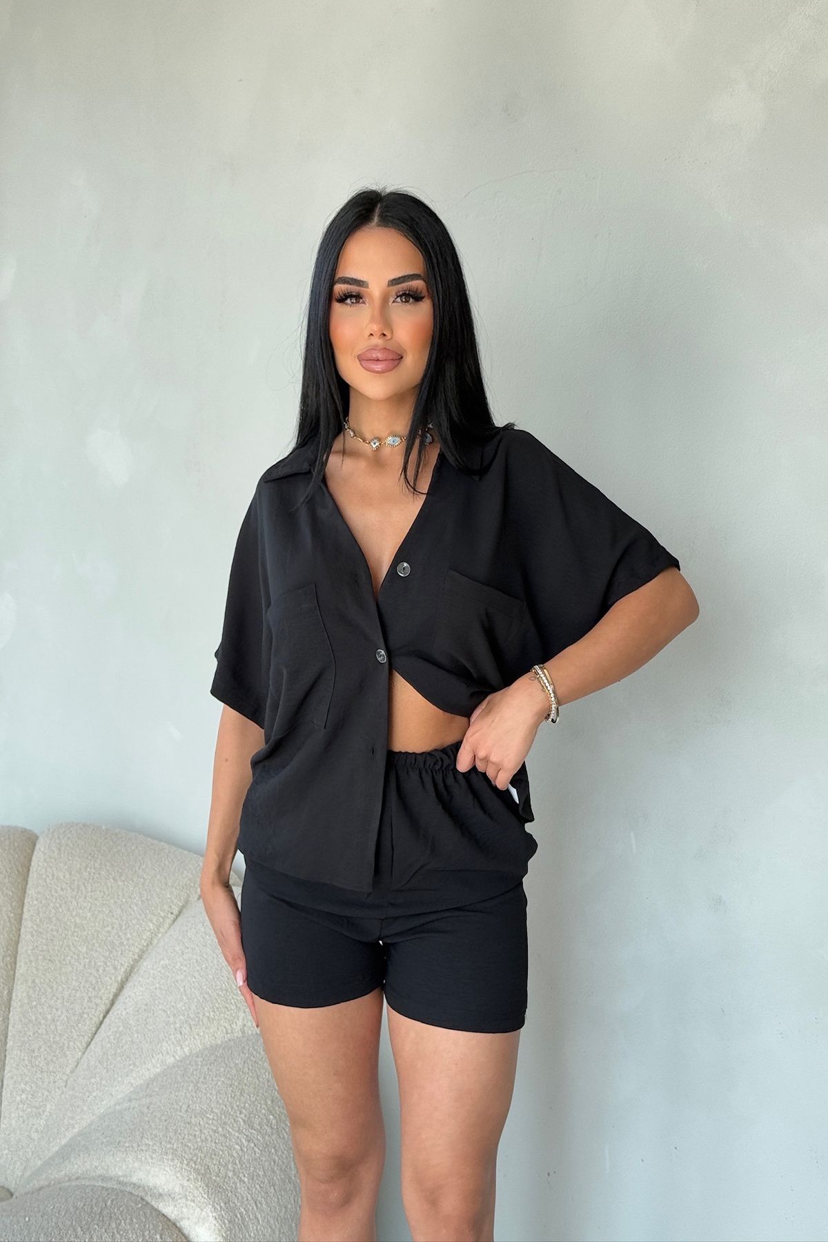 LİLA İSTANBUL Gömlek Yaka Önü Düğmeli Gömlek Ve Şort Takımı Yazlık Elbise