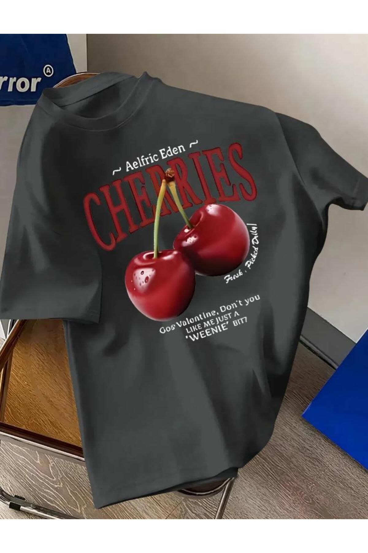 Framgan Unisex Erkek/Kadın CHERRIES Özel Baskılı Oversize Pamuklu Bisiklet Yaka T-Shirt