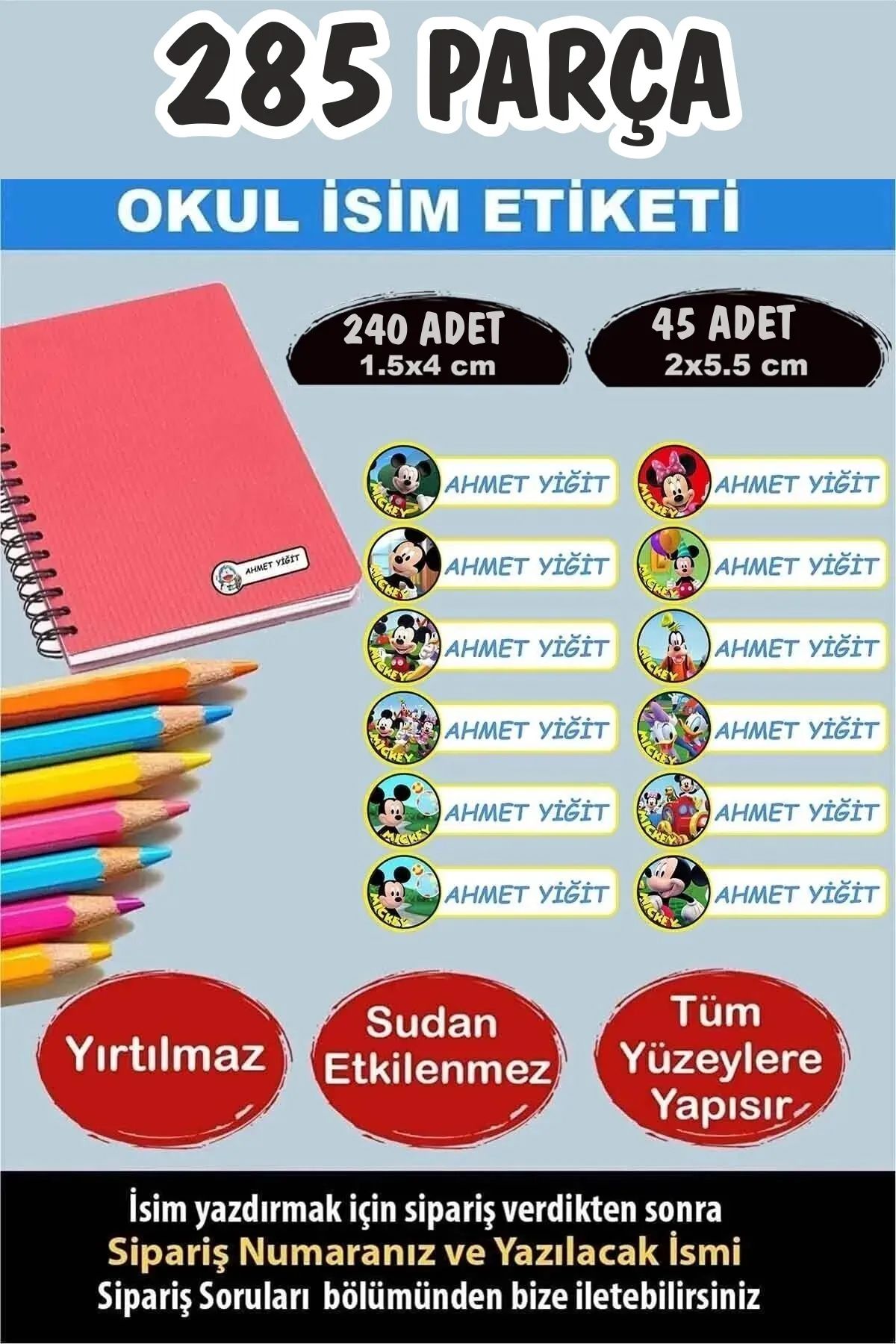 KT Decor Okul Kalem Defter Etiketi Mickey Mouse İsimli Etiket 12 Figür 285 Adet