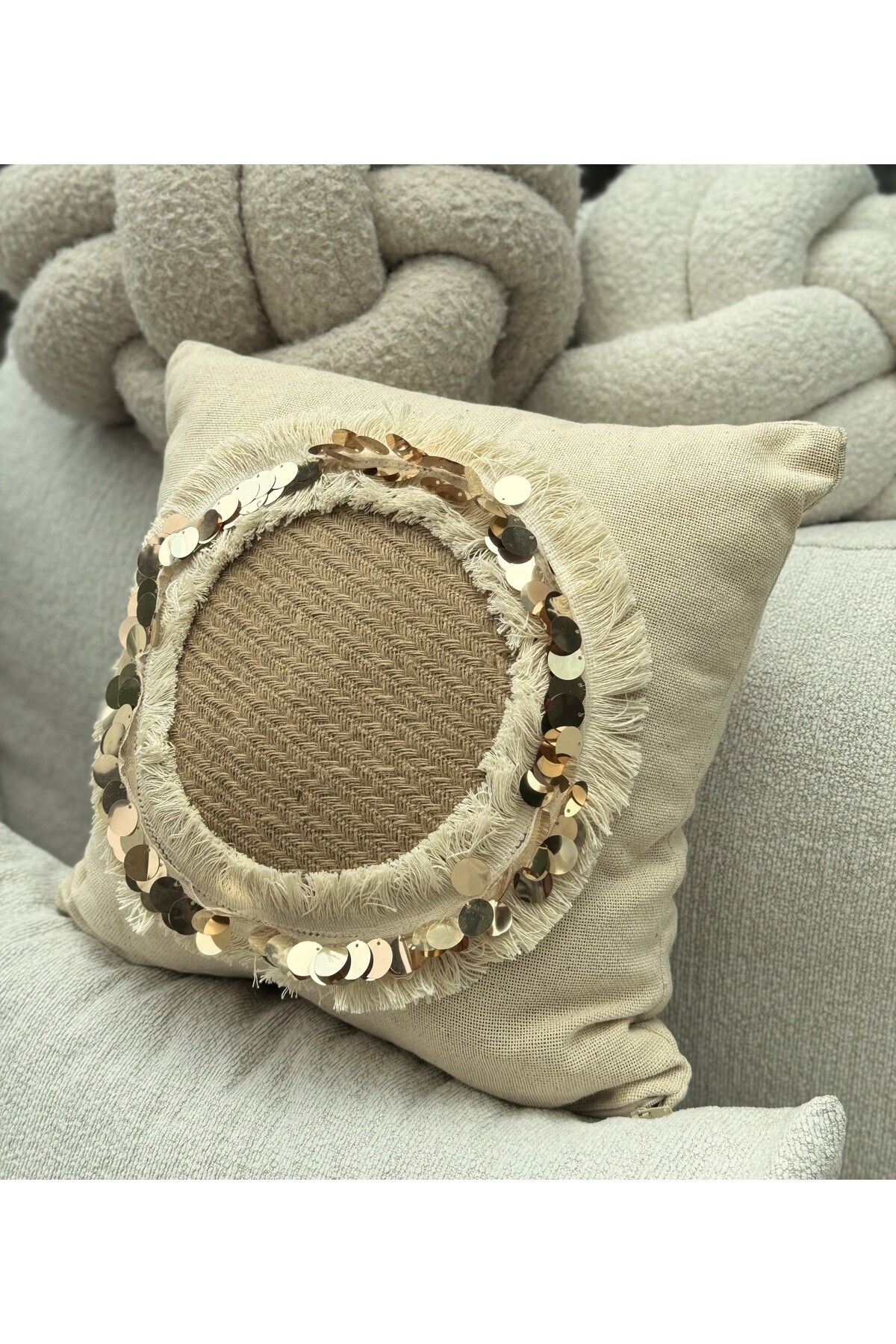 sevaradekor-Tassel Throw Pillow Sequin Throw Pillow Linen Throw Pillow Cover Straw Linen Pillow Bohemian Throw Pillow Cover 4
