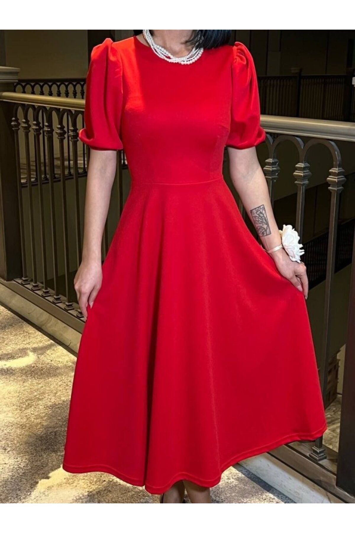 velmorafashion Kadın Bisiklet Yaka Kısa Kol Lastik Detay Uzun Elbise