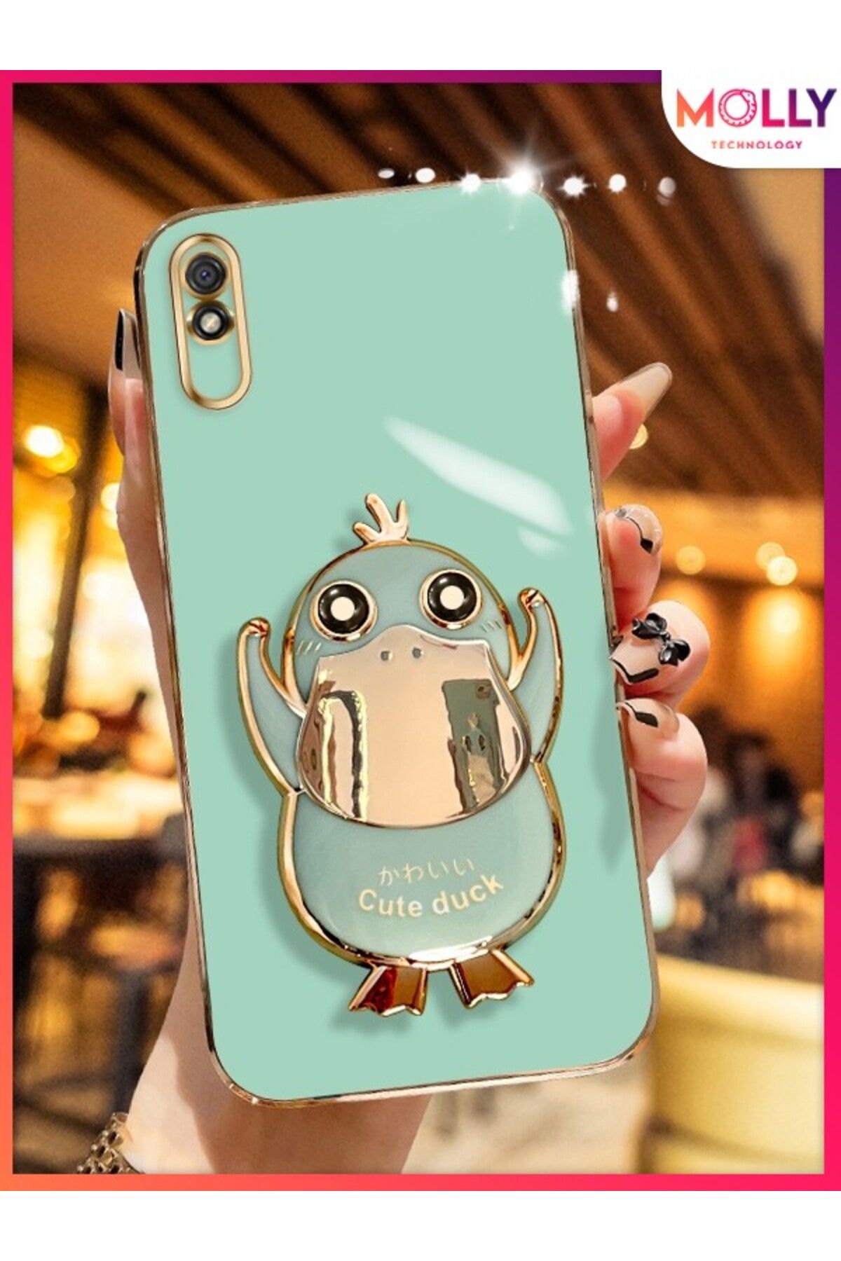 Molly Xiaomi Redmi 9A İçin Su Yeşili Sevimli Ördek Standlı Kenarları Gold Detaylı Lüks Silikon Kılıf