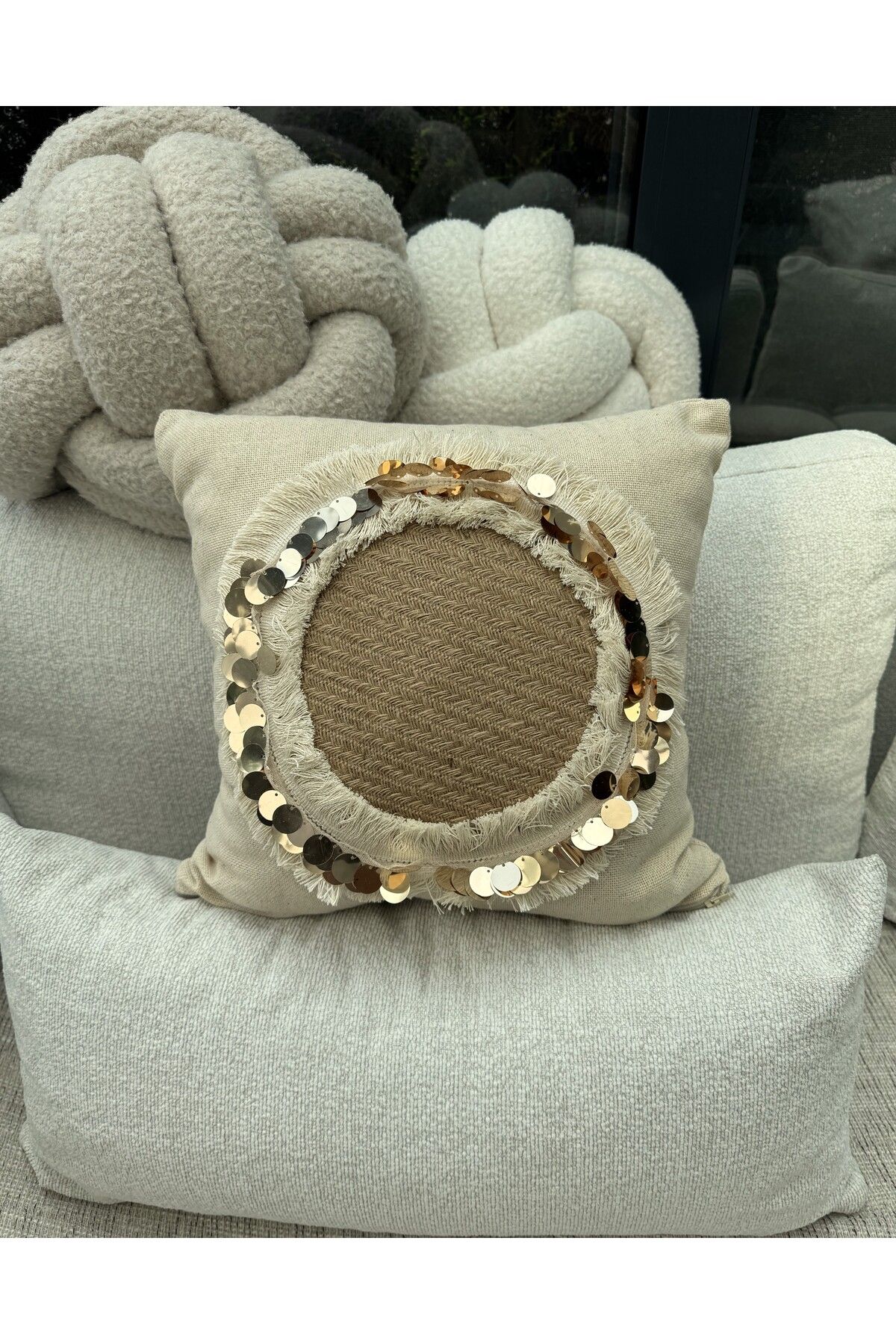 sevaradekor-Tassel Throw Pillow Sequin Throw Pillow Linen Throw Pillow Cover Straw Linen Pillow Bohemian Throw Pillow Cover 5