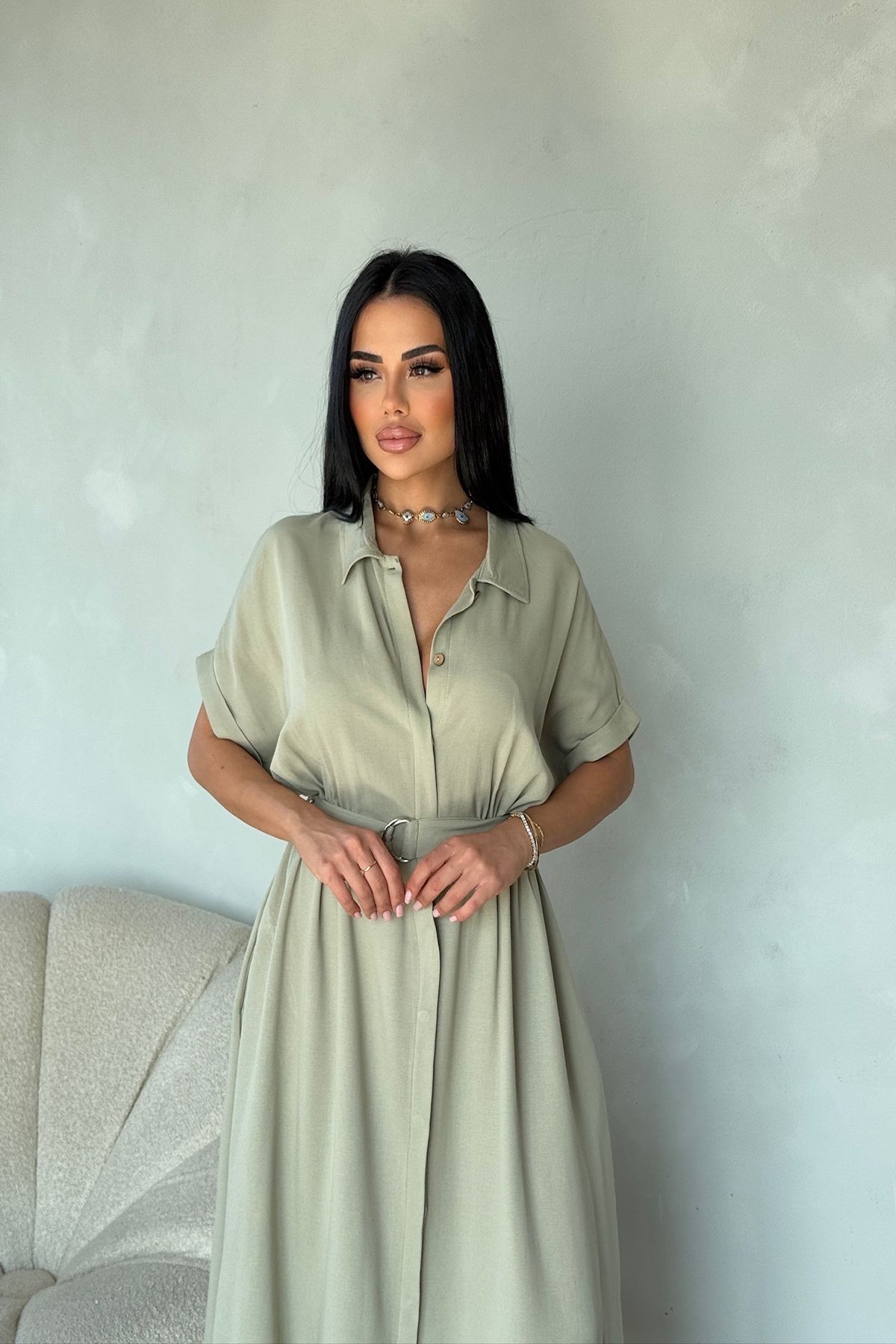 LİLA İSTANBUL Gömlek Yaka Düğmeli Kemerli Keten Kumaş Yazlık Elbise