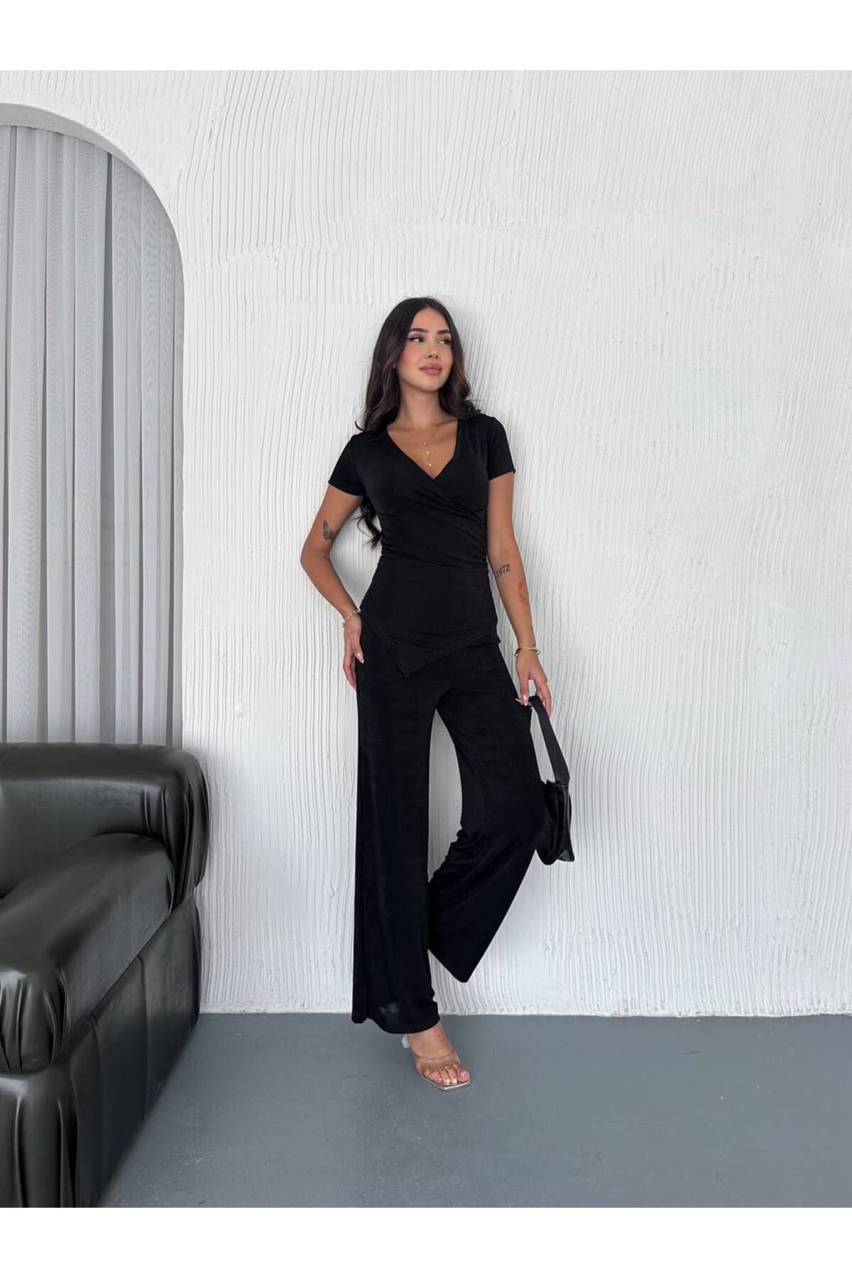 Castivo Fashion V Yaka Drapeli Kısa Kollu Salaş Takım