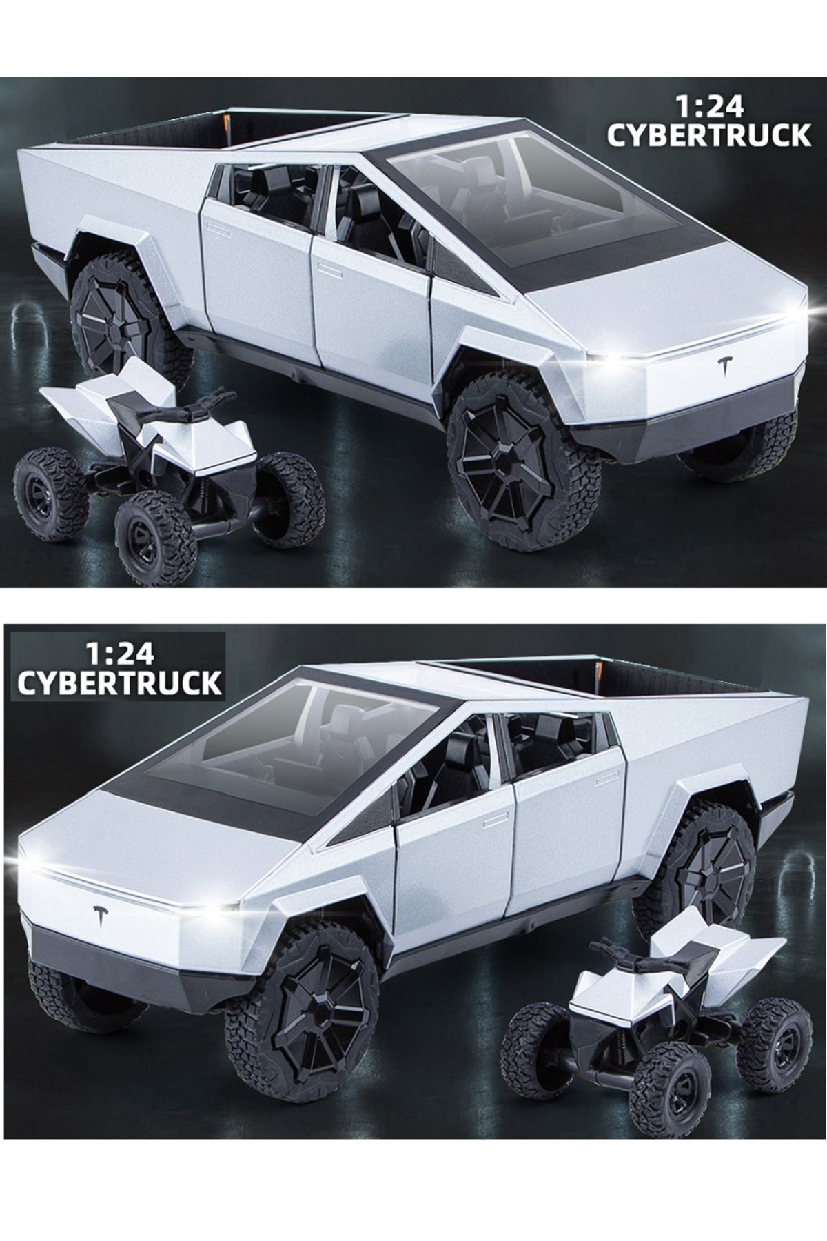 OYUNCAKSAHİLİ Diecast Metal Tesla Cybertruck Pickup 1:24 Kamyonet Jip Sesli Kapı Bagaj Açılır Atv Motor