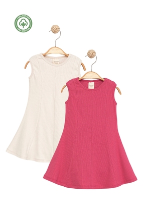 Divonette Kız Çocuk %100 Pamuk Kolsuz 2’li Set Kaşkorse Ekru ve Fuşya Elbise