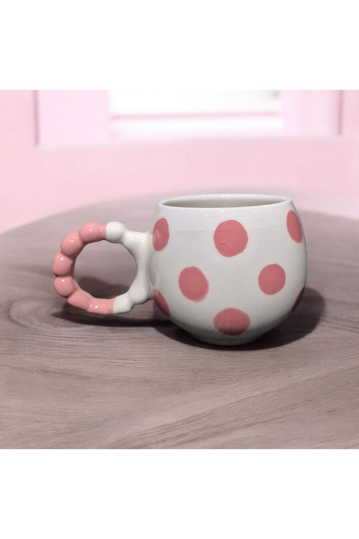 SırART İnci Kulp PEMBE PUANTİYE DESENLİ El İşlemeli Seramik Kupa