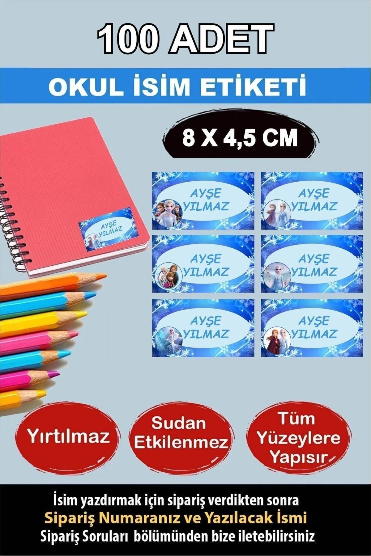 KT Decor Okul Etiketi Karlar Ülkesi Büyük Boy Defter Kitap Özel Isimli Etiket 6 Figür - 100 Adet