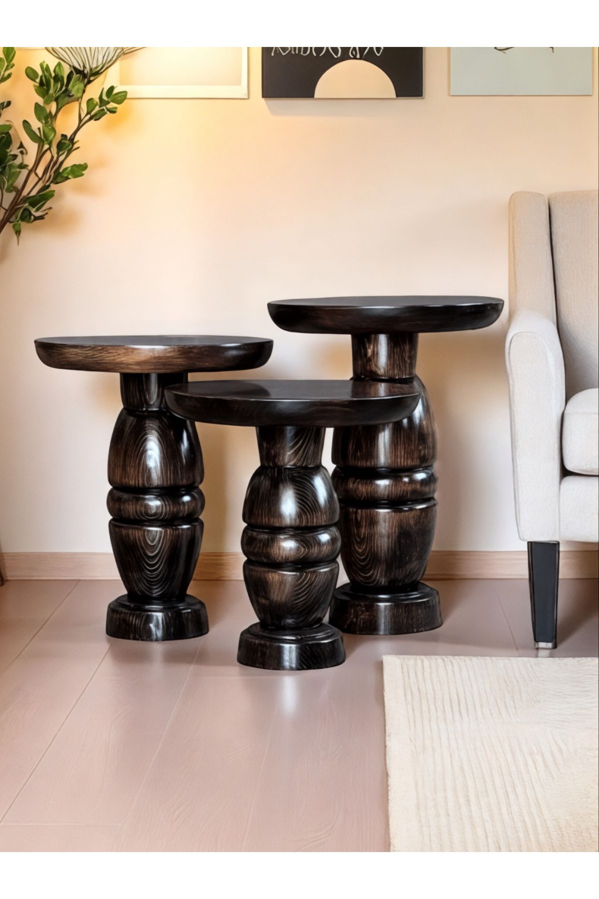 ASELYA HOME Doğal Ahşap 3’lü Set Mantar Yan Sehpa Modern Koyu Ceviz Fiskos Zigon Çiçeklik